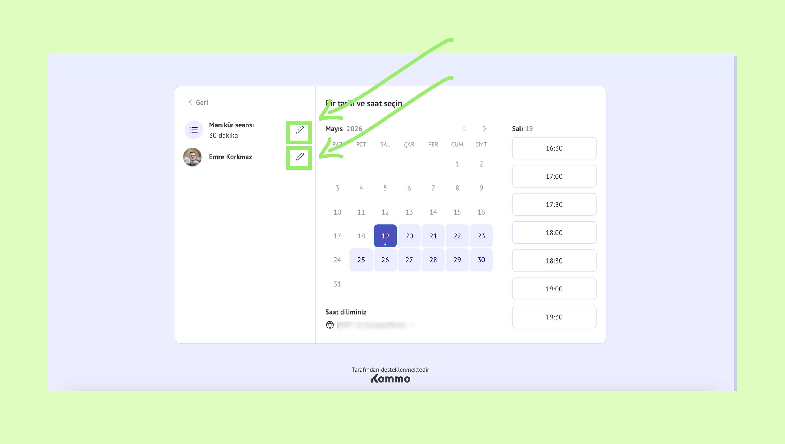 User interface for scheduling appointments with highlighted date and time selection options.