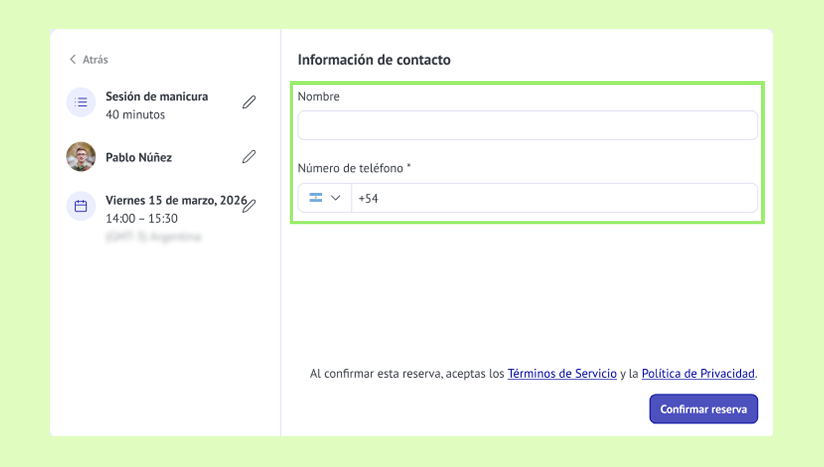 Contact information form with fields for name and phone number input.