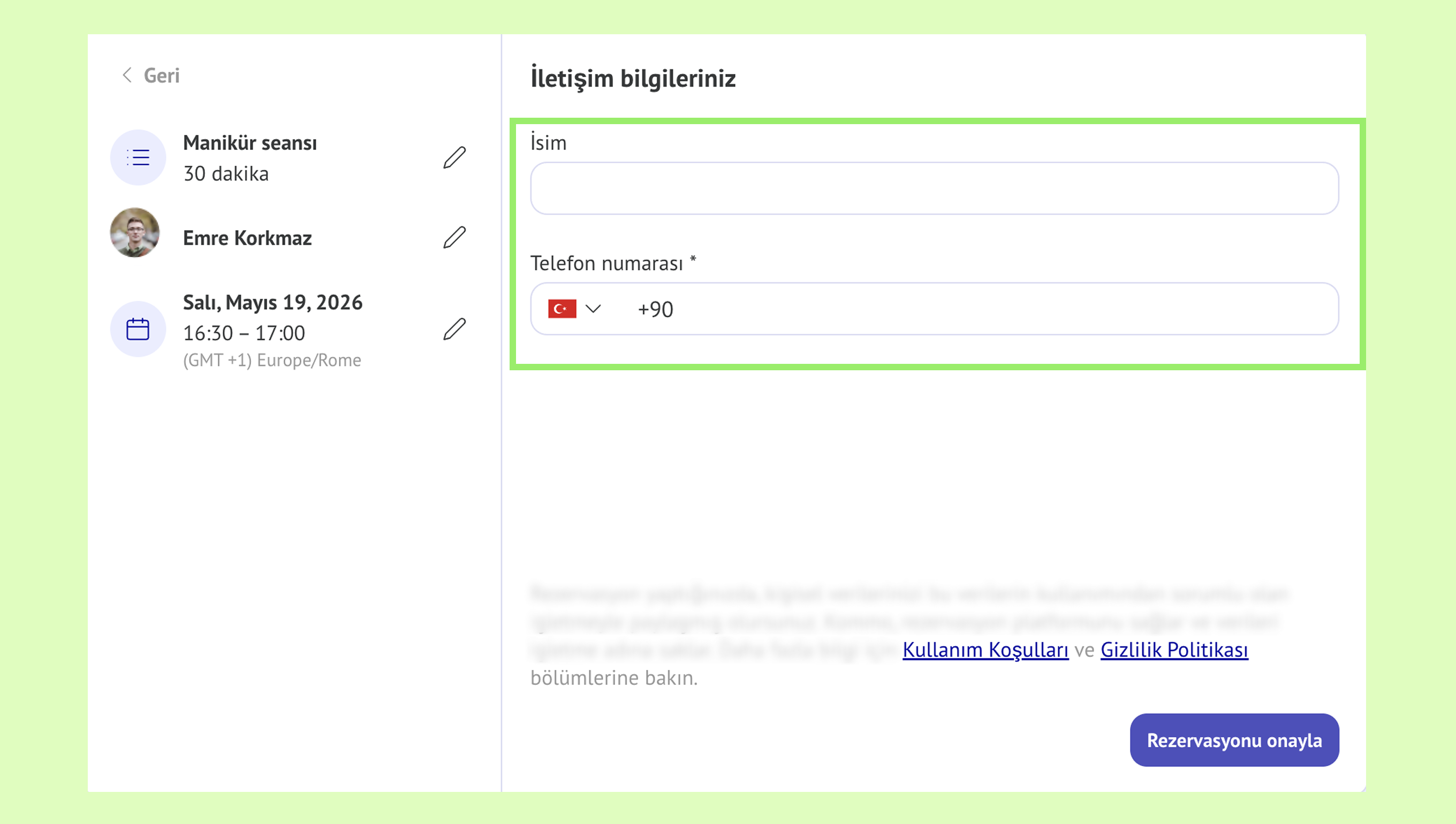Contact information section with fields for name and phone number highlighted.