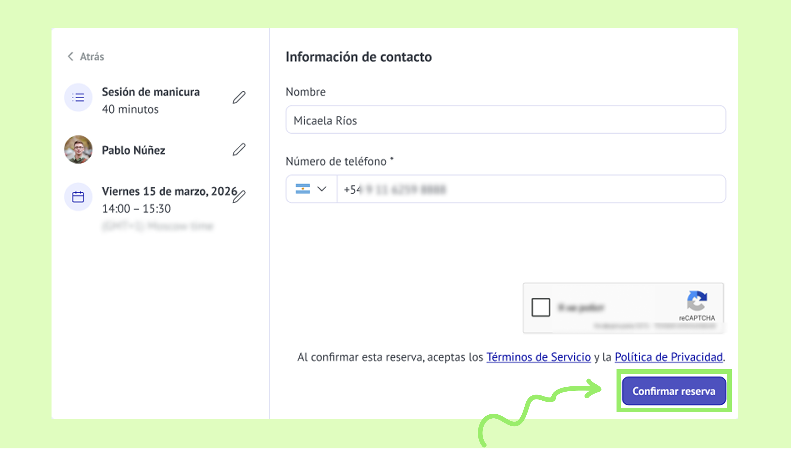 Contact information form with highlighted button to confirm reservation details.