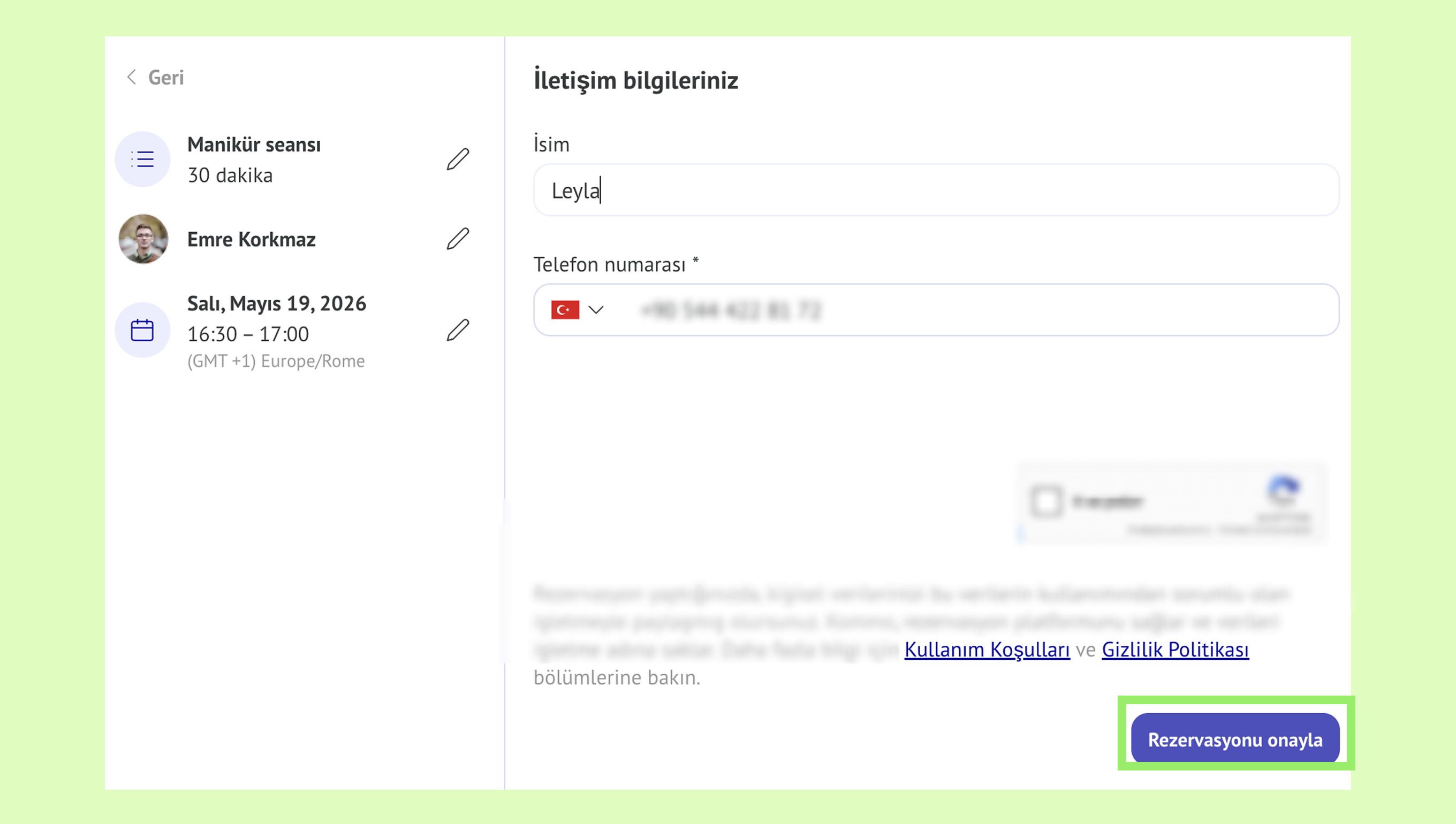 Contact information form with highlighted fields for name and phone number submission.