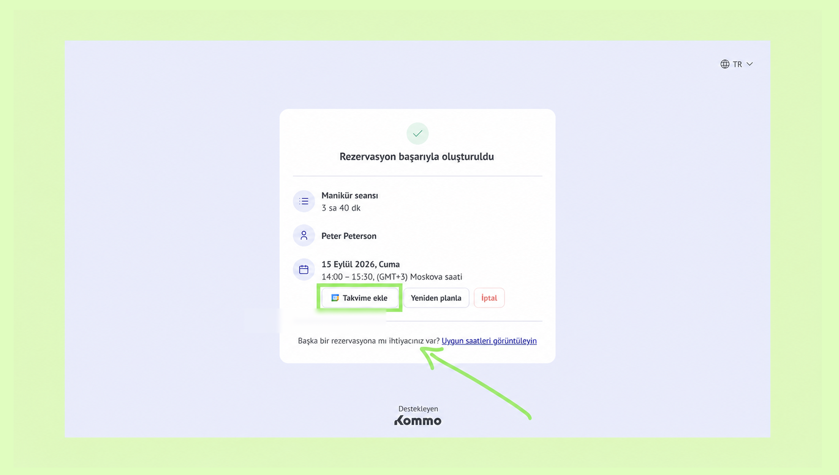 Reservation confirmation with options to add to calendar or view available times.