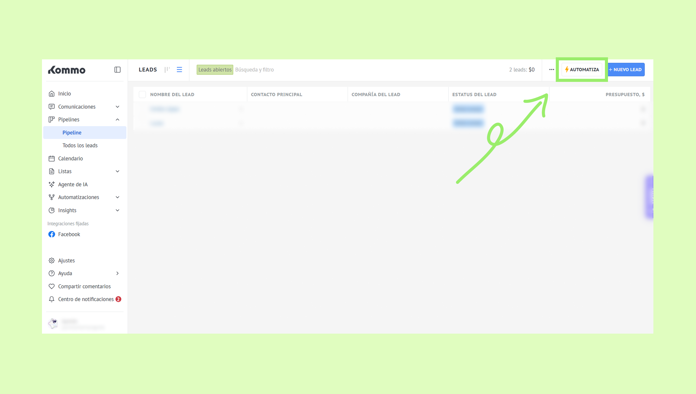 Dashboard view showing leads with an emphasis on automation features and new lead options.
