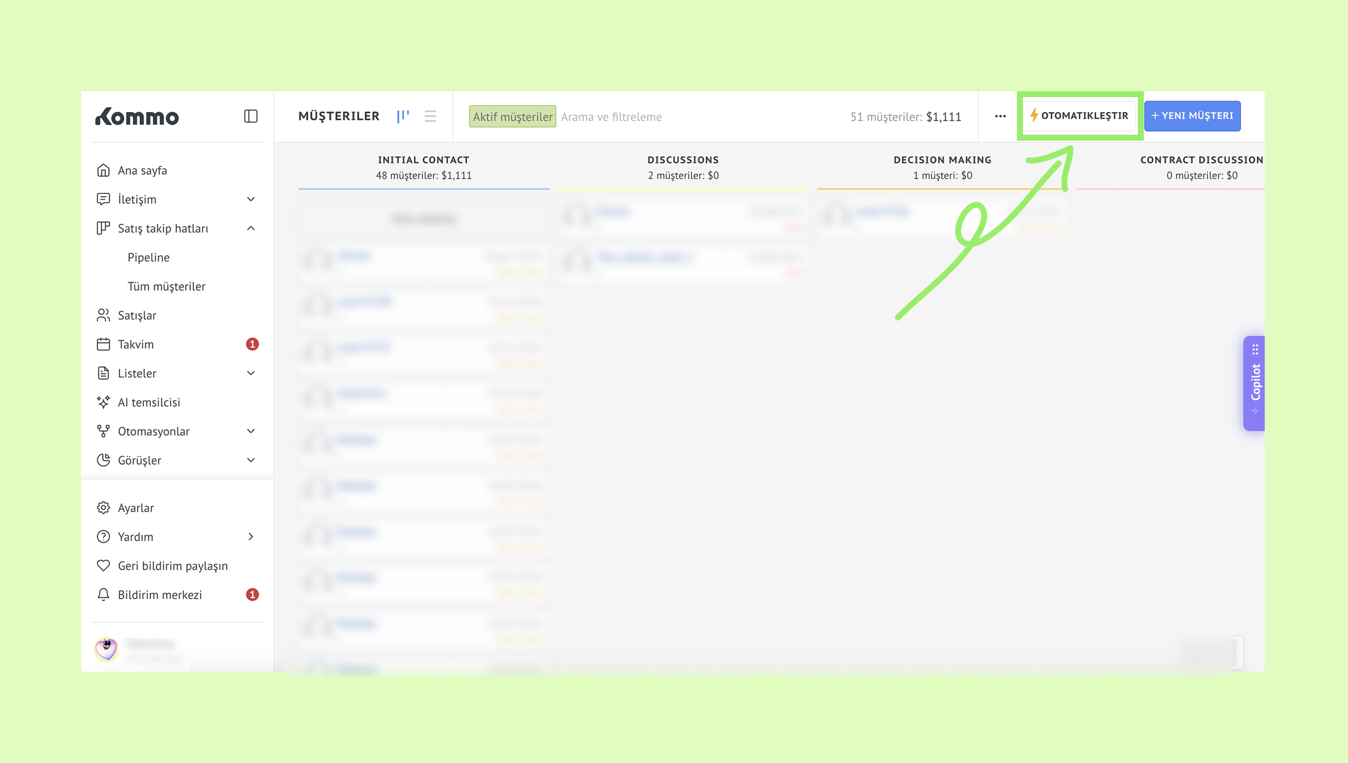 Dashboard view showing customer management options and highlighted automation feature.