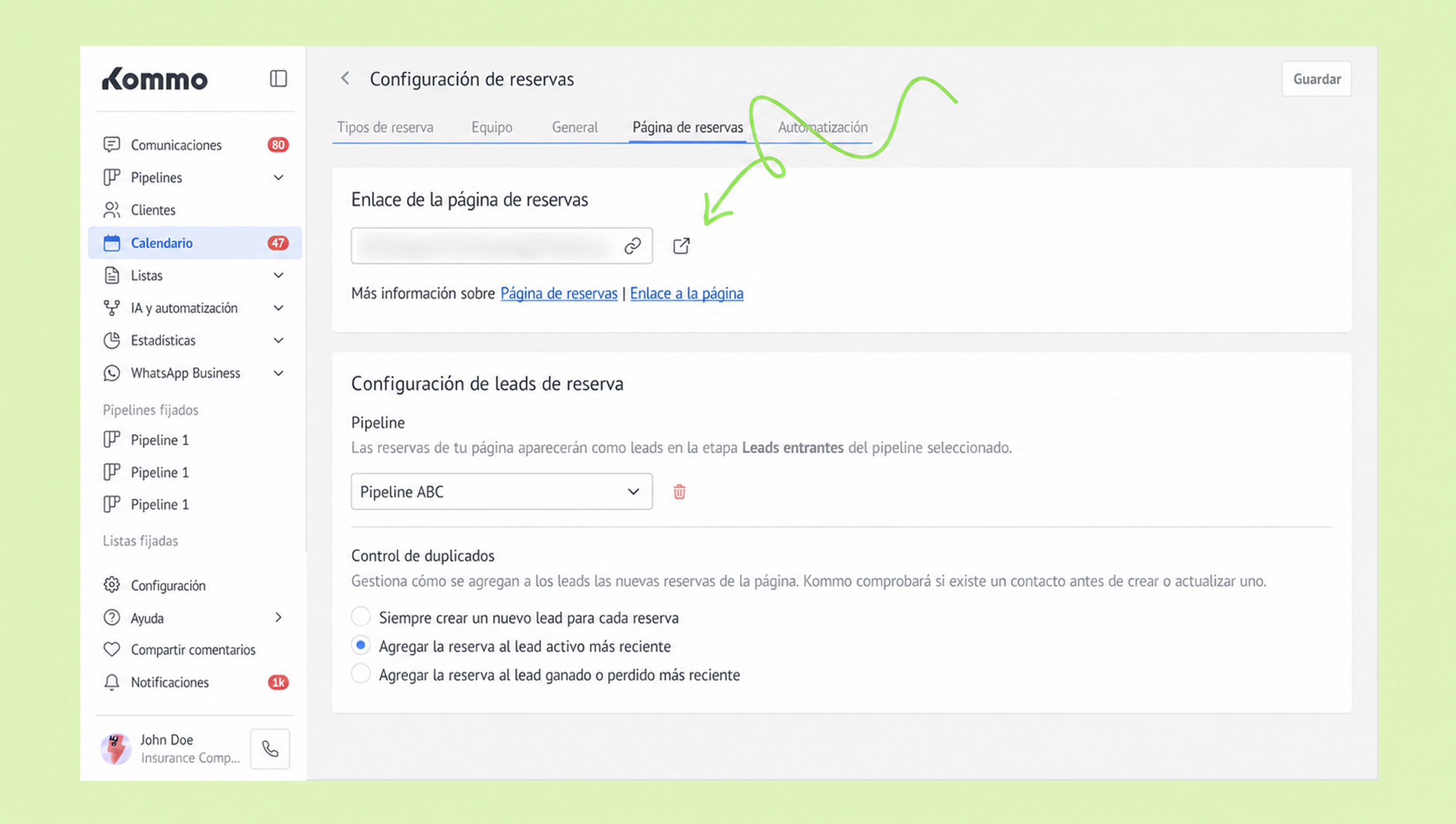 Settings page for reservations with highlighted link and pipeline configuration options.