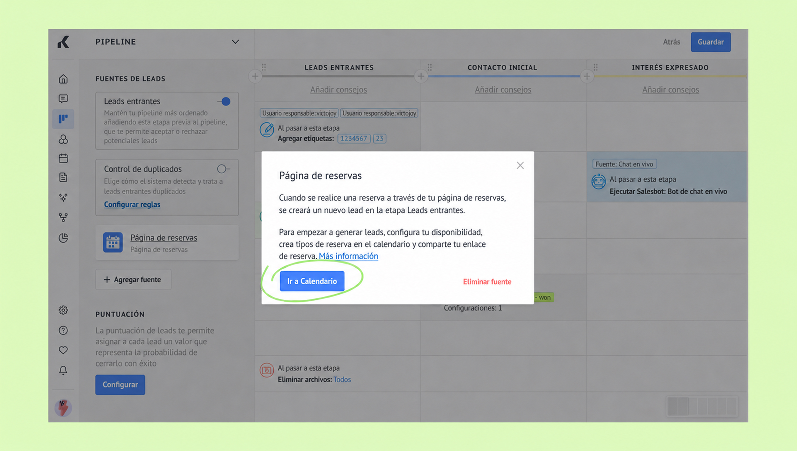 User interface showing lead management options and a prompt to access the calendar.