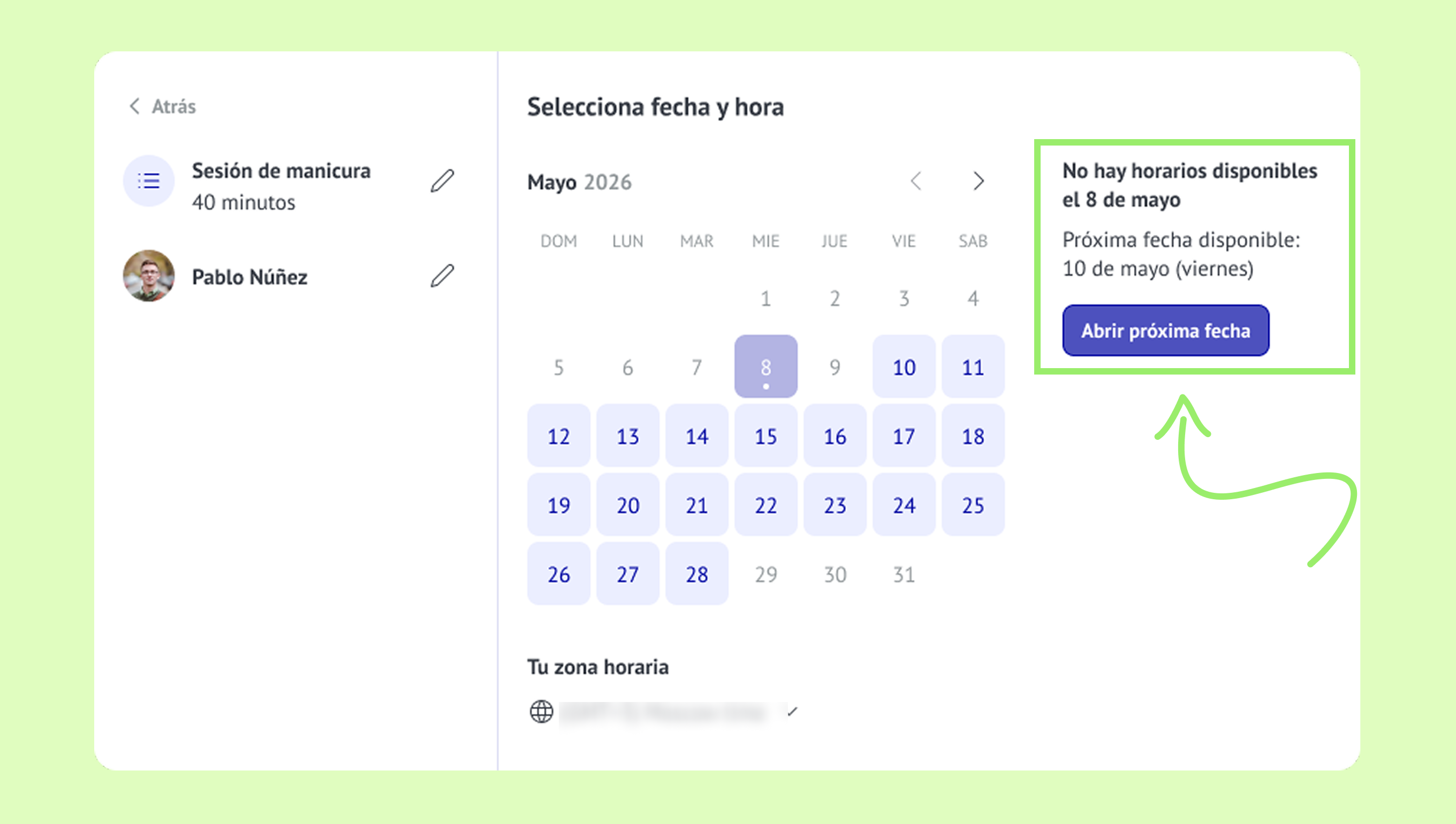 Appointment scheduling interface showing unavailable dates and next available date option.