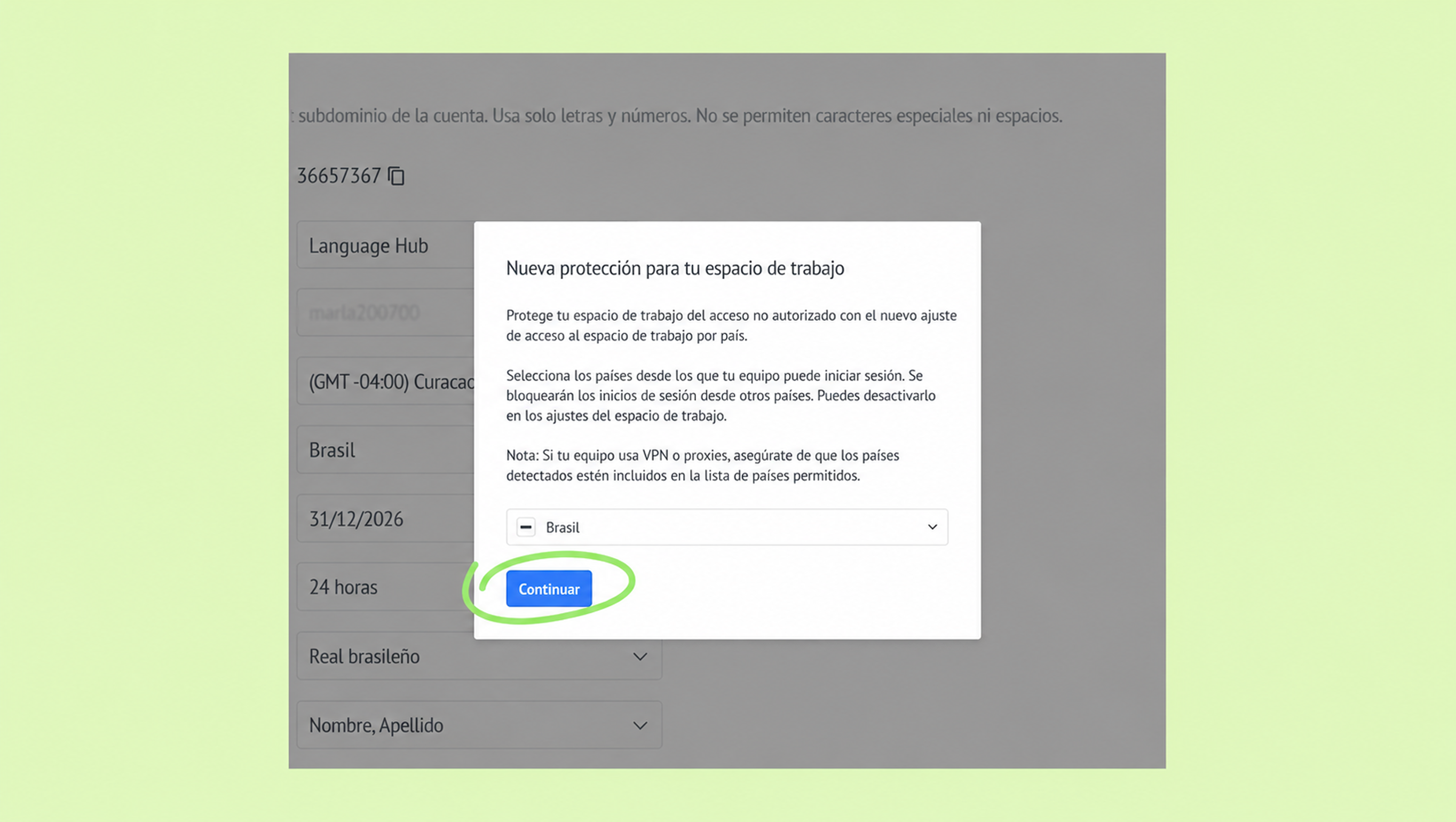 User interface showing workspace protection settings and a continue button for access.