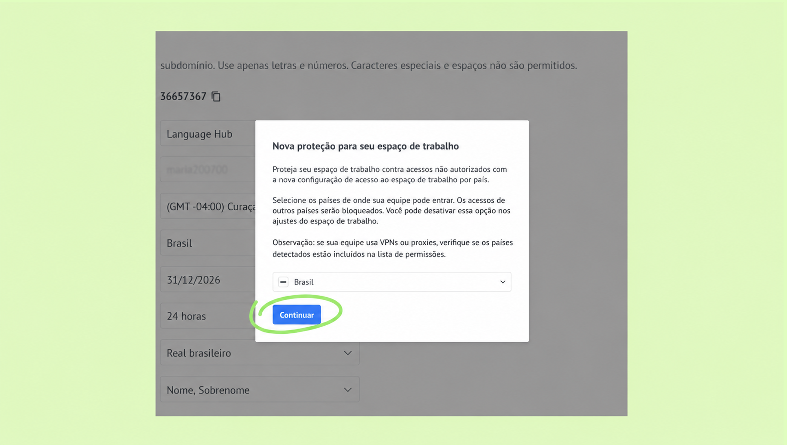 User interface for setting workspace access restrictions by country and confirming changes.