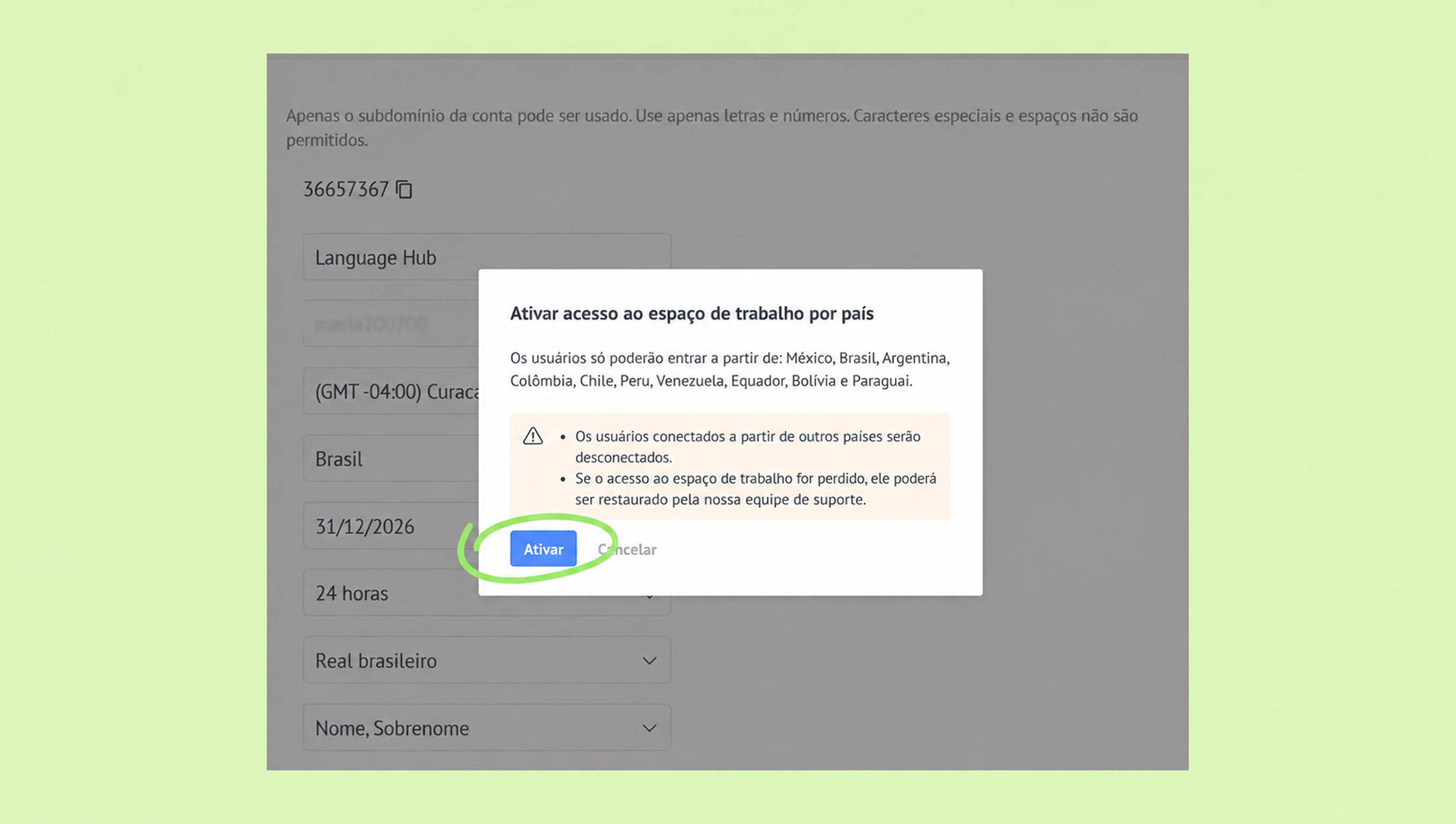 Instructions to activate workspace access for users in specific countries.