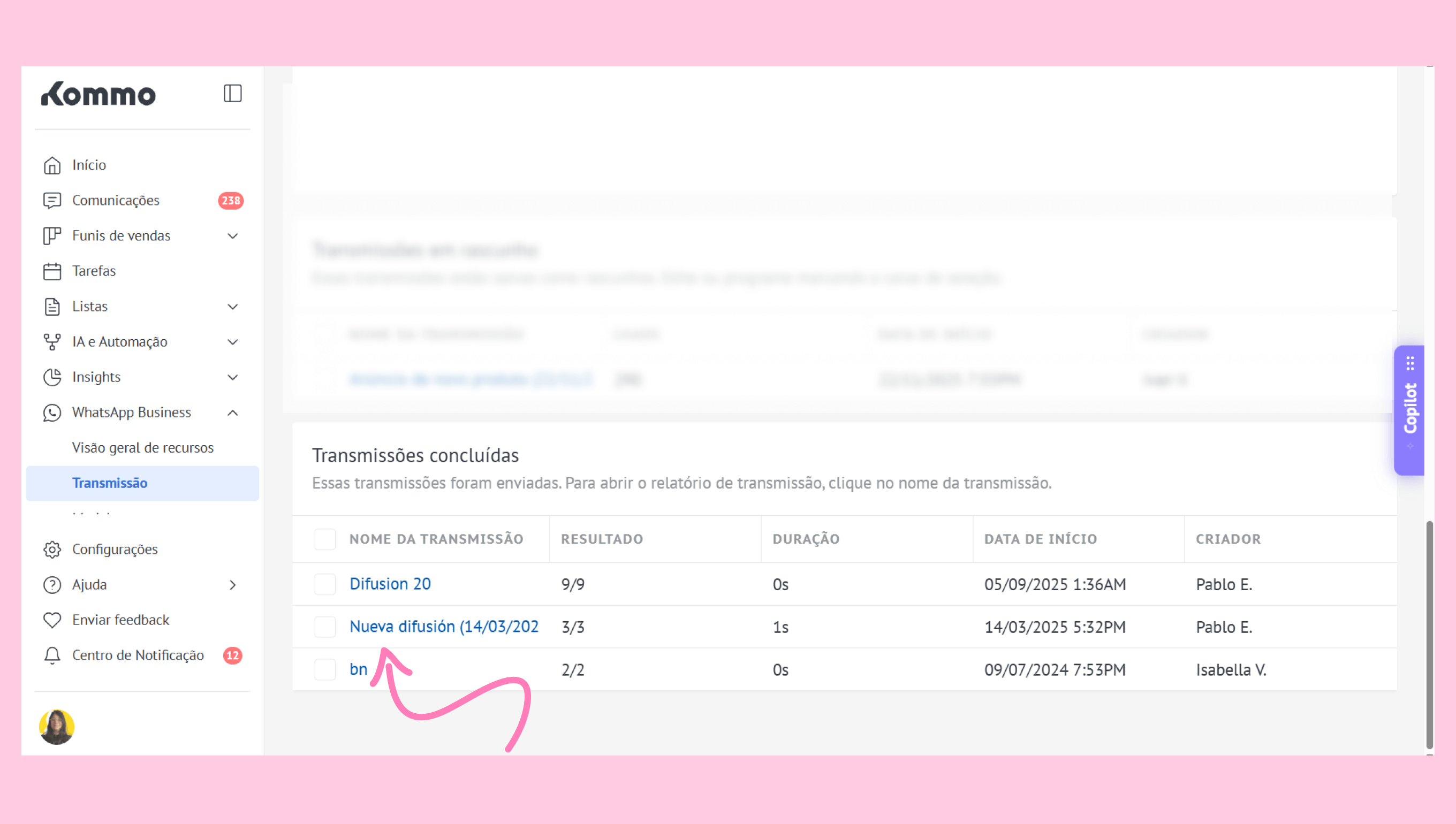 List of completed transmissions with results and creators displayed in a user interface.