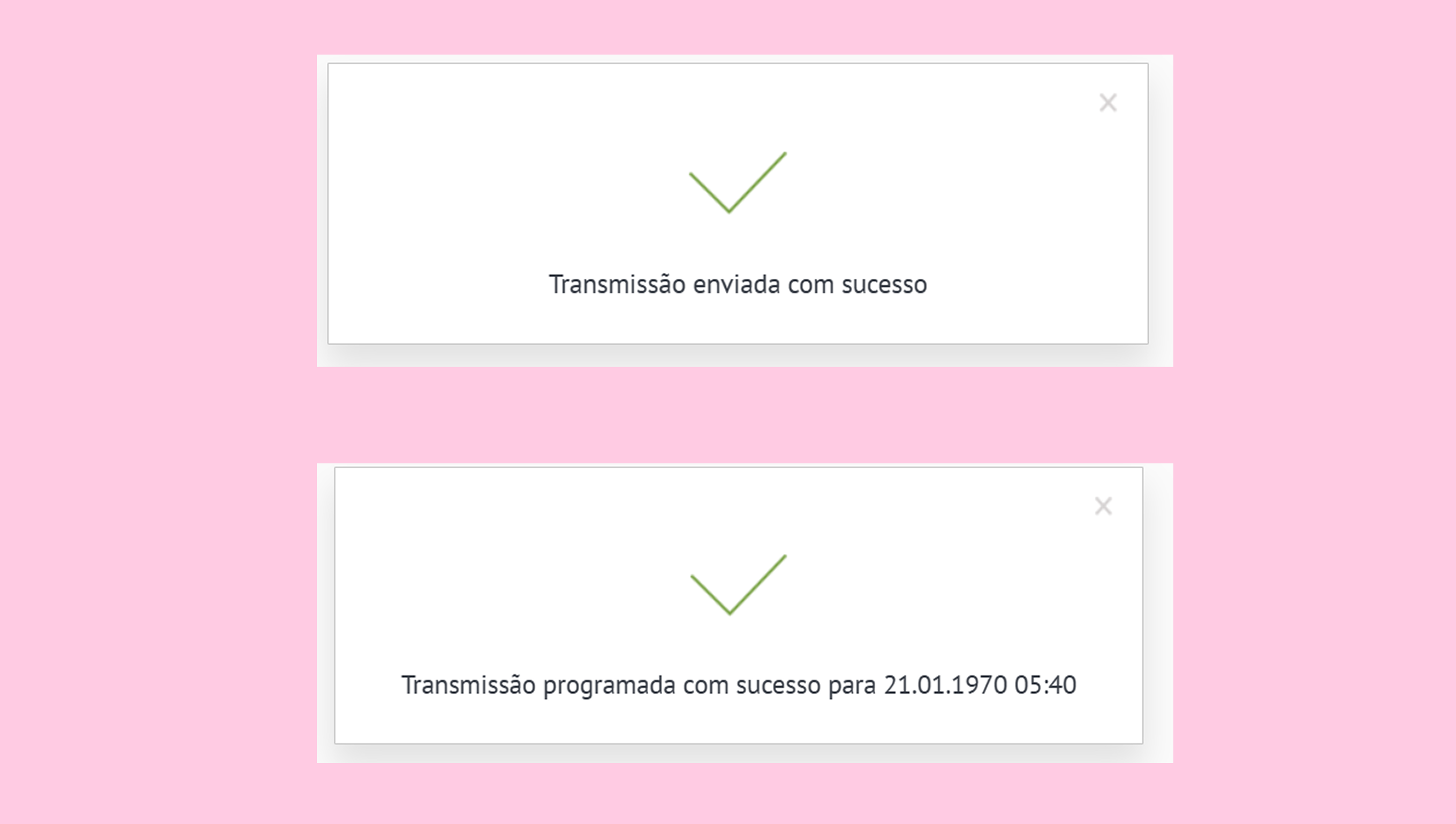 Successful transmission notifications with scheduled date and time displayed below.