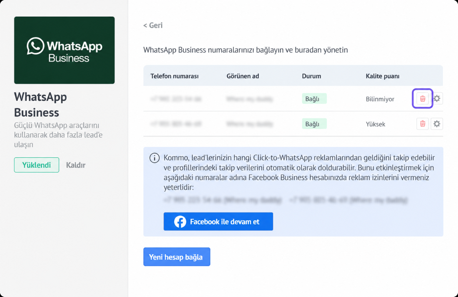 WhatsApp Business interface showing linked phone numbers and account management options.