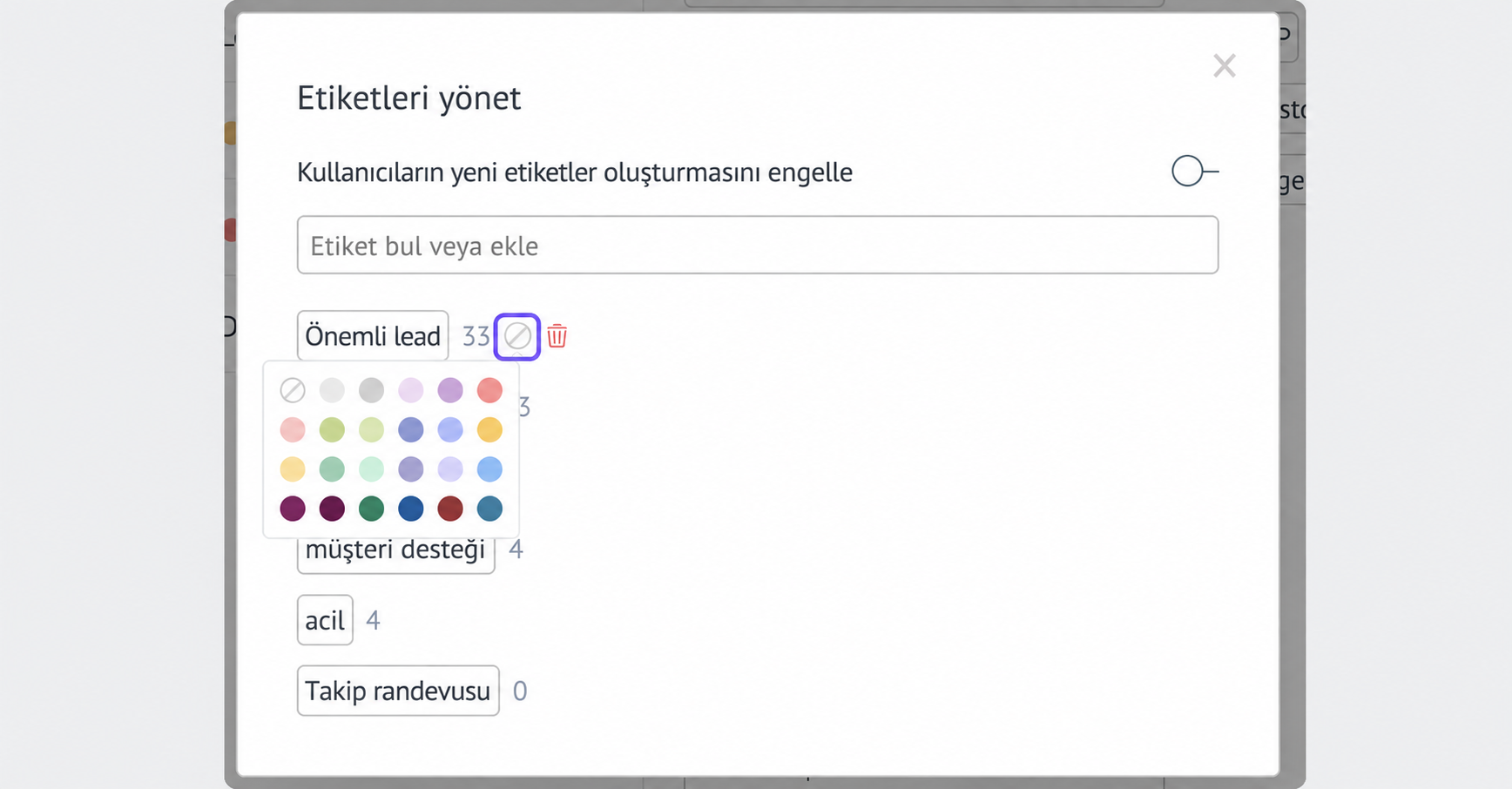 Managing labels with options for important leads and customer support in a user interface.
