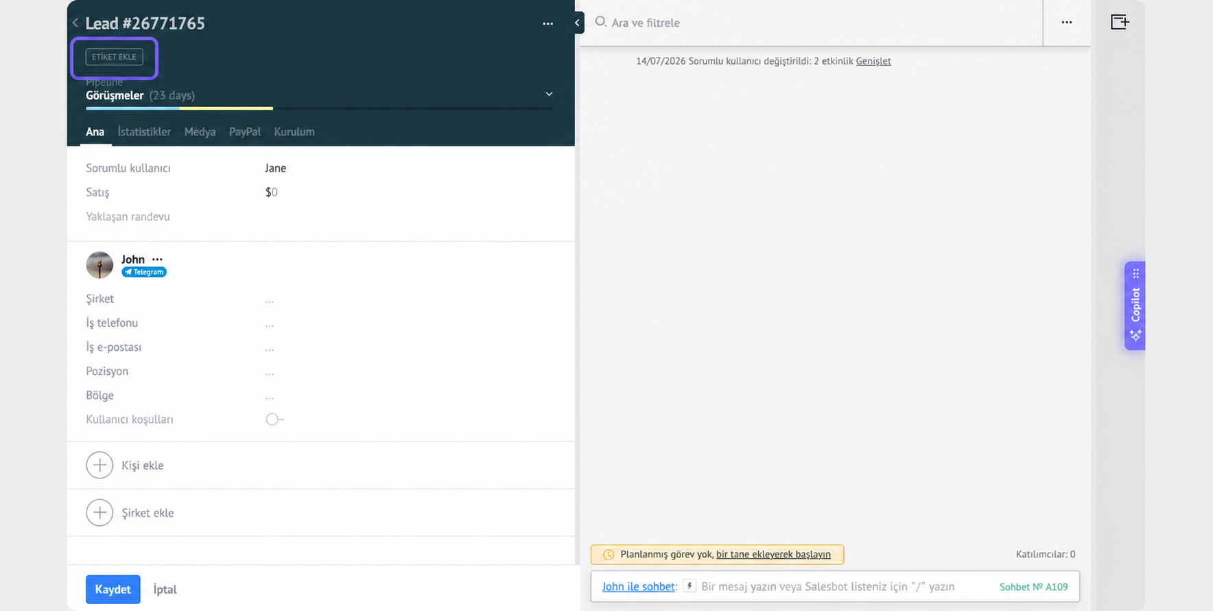 User interface displaying lead details, including options to add tags and messages.