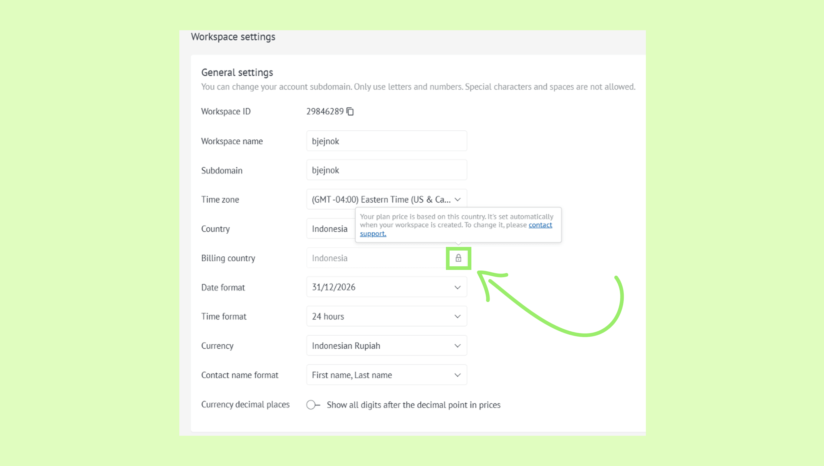Workspace settings showing the Billing country field with a lock icon and tooltip with a clickable Contact support option