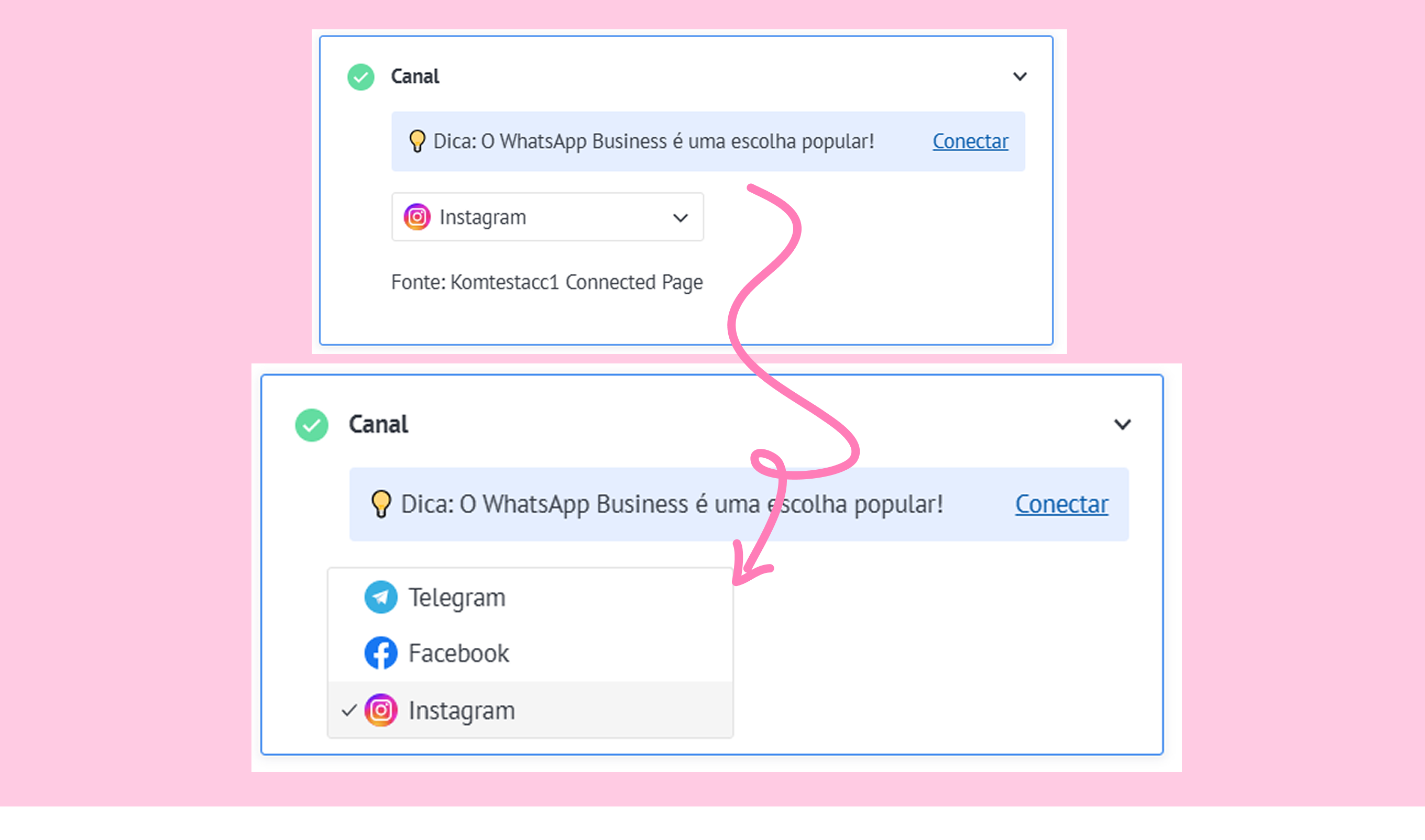 WhatsApp Business tips with highlighted Instagram option for connecting channels.