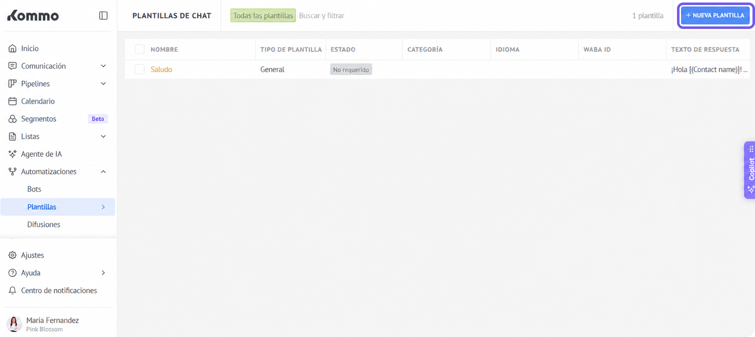 Chat template management interface displaying options for creating and editing templates.