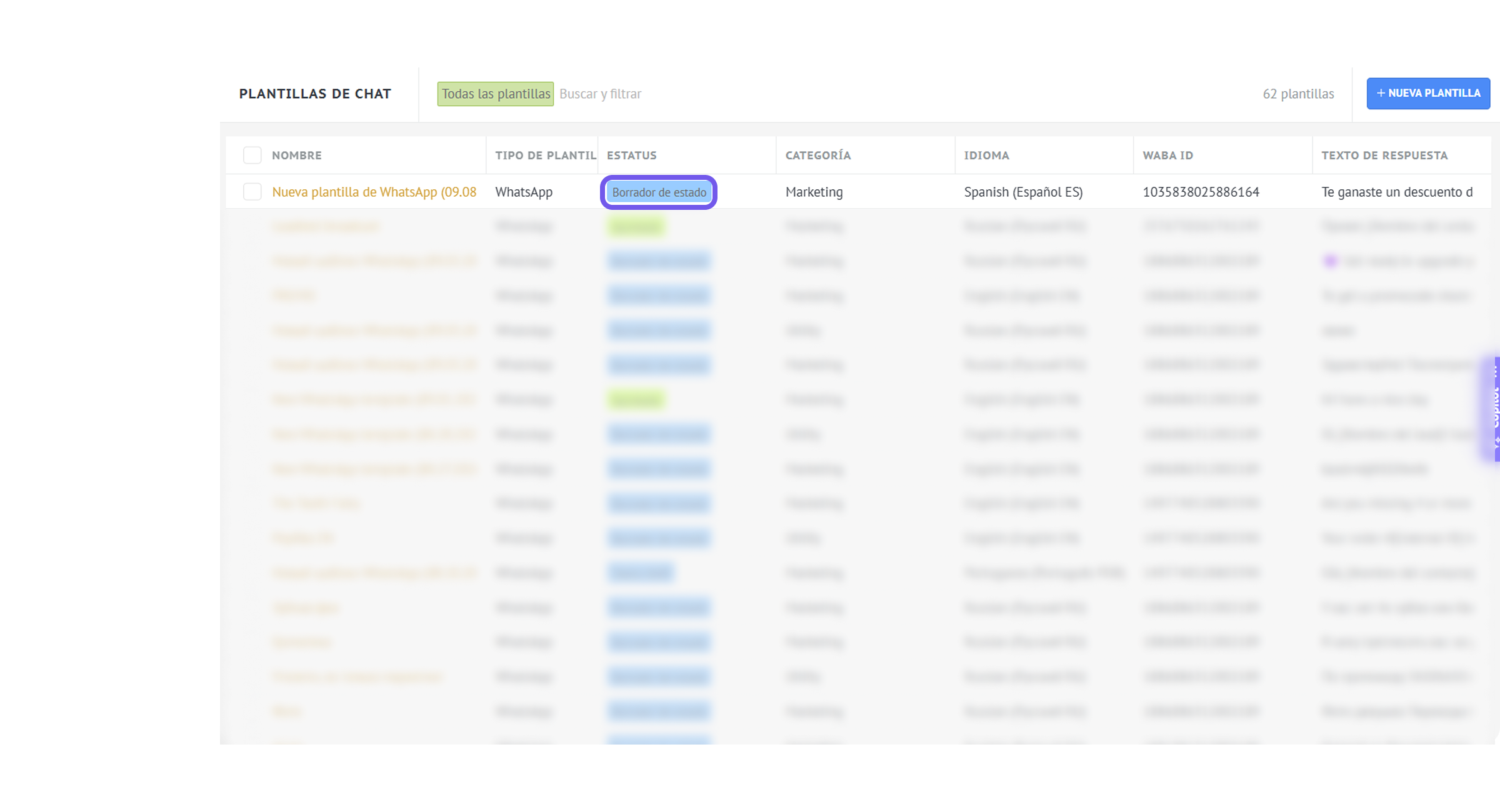Chat templates list showing WhatsApp template status and details in Spanish.