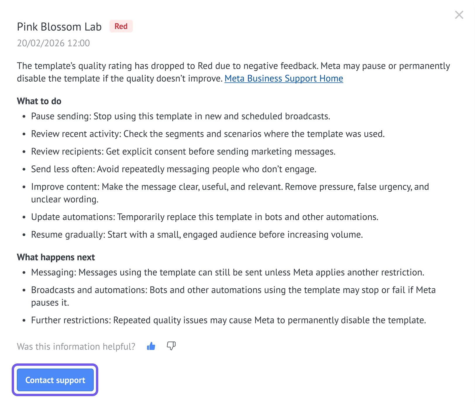 Issue details with Kommo’s recommendations and the Contact support button.