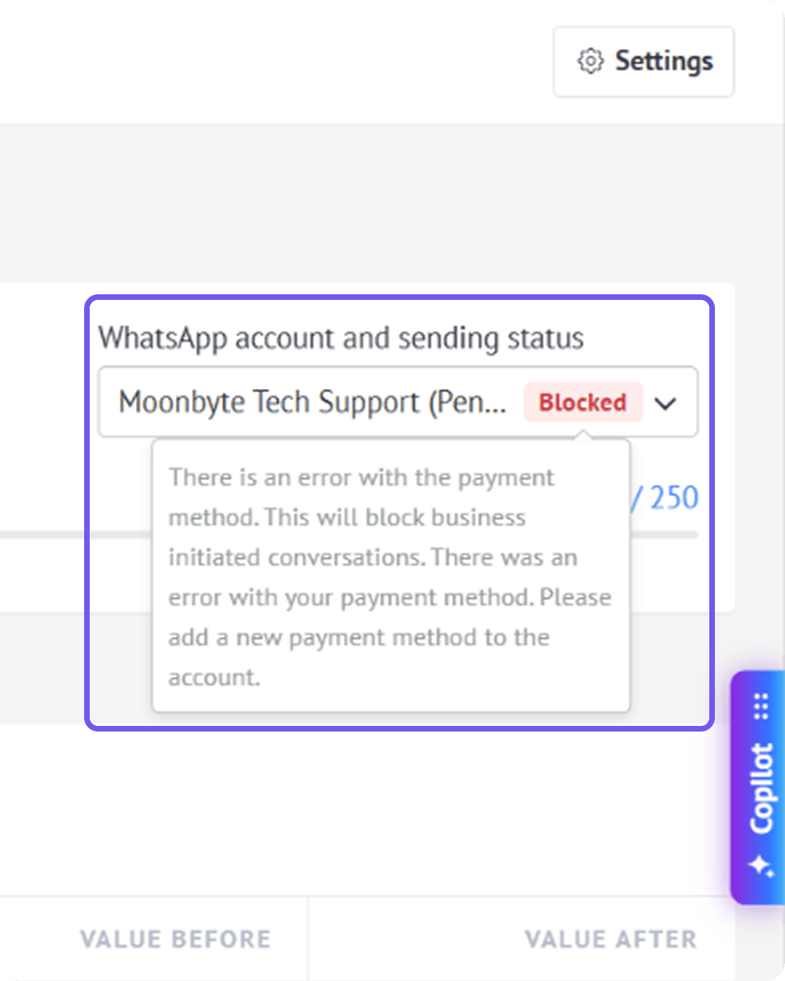 Status details in the WhatsApp account and sending status section.