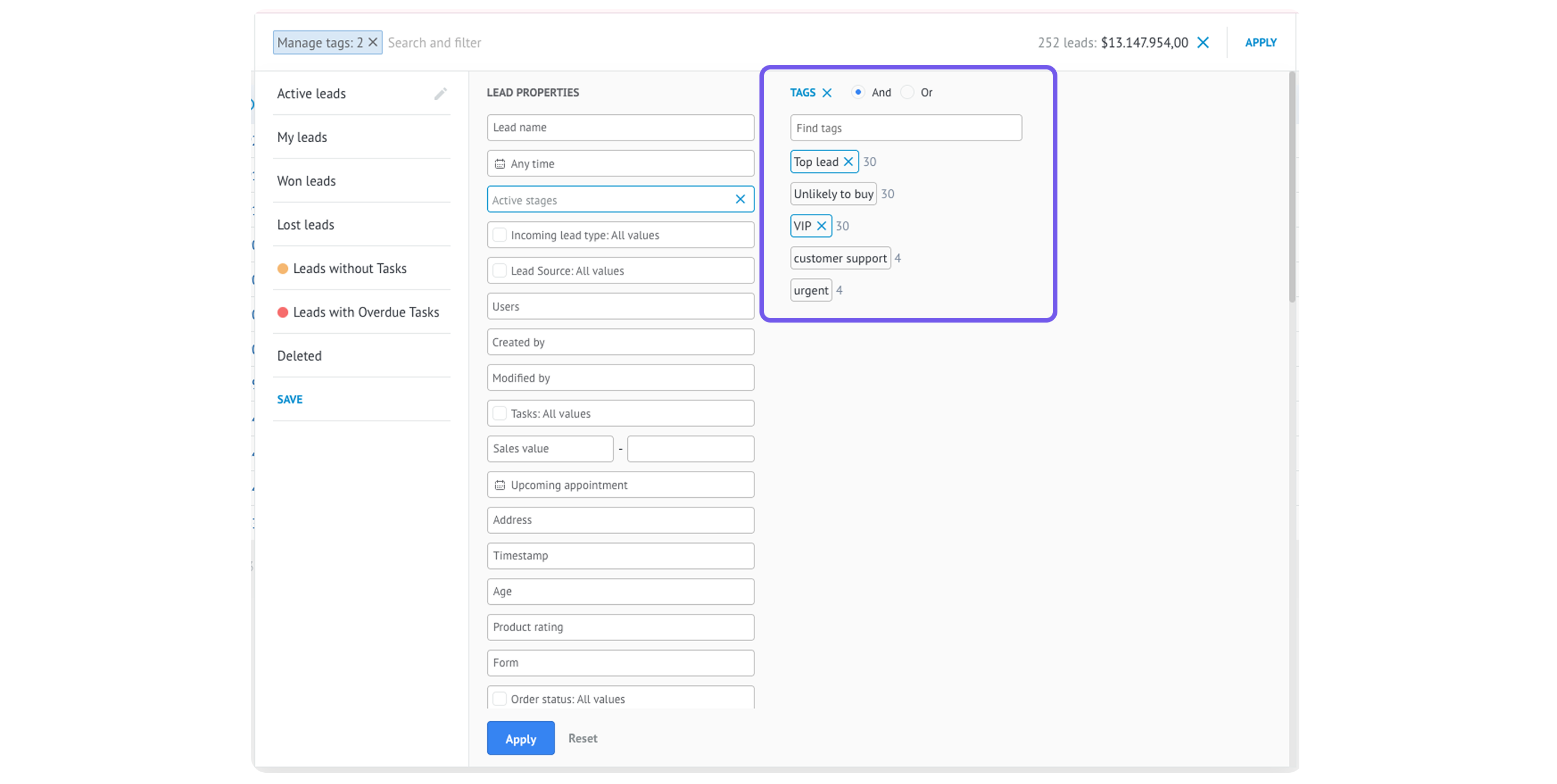 Manage lead properties and tags for effective sales tracking and organization.