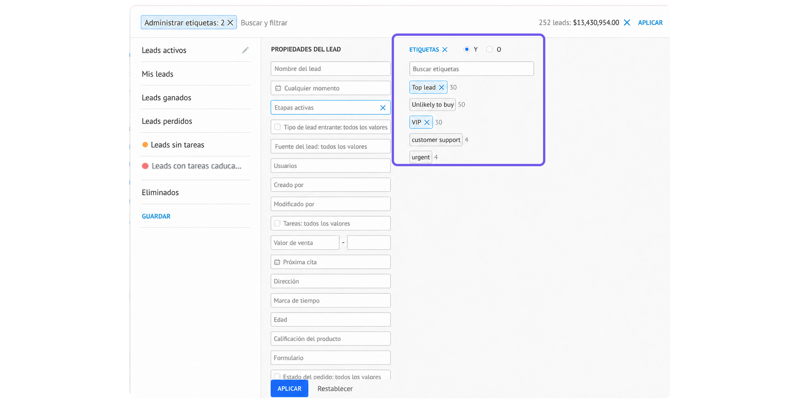Lead management interface displaying active stages and label options for leads.