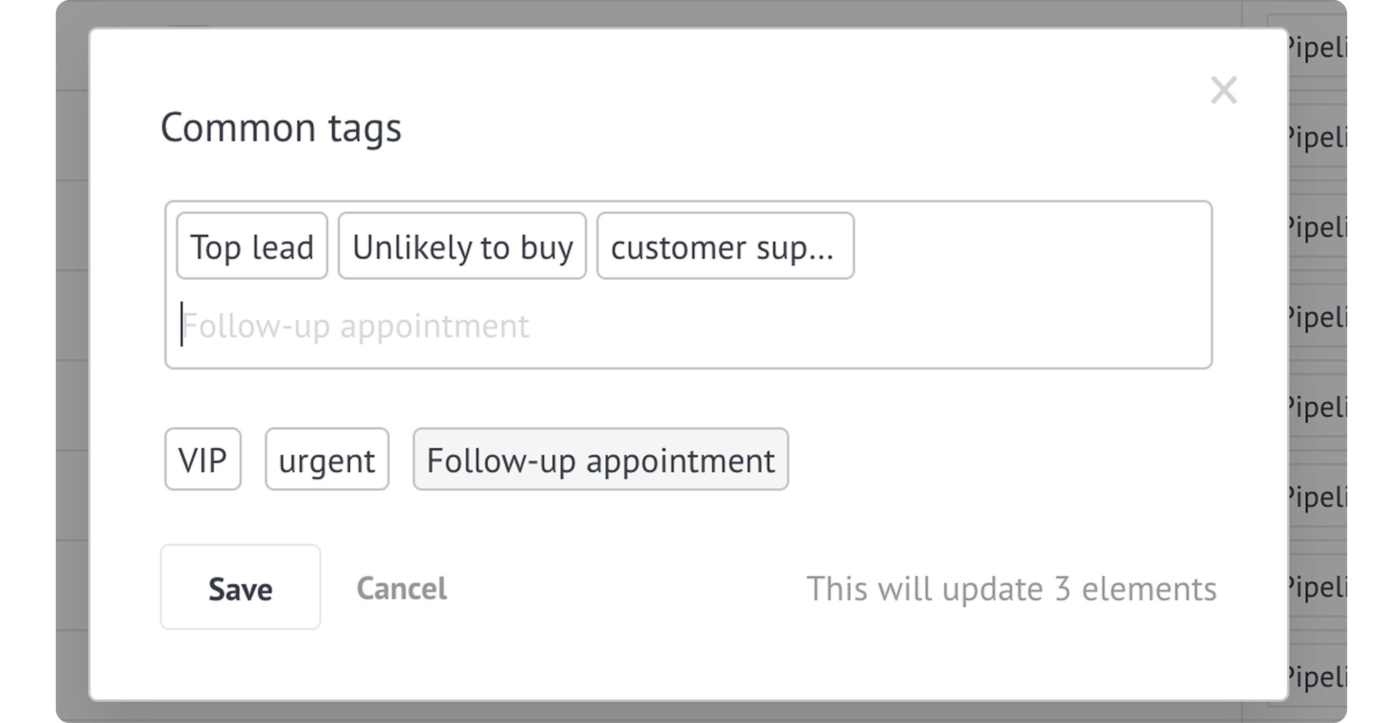 Common tags for managing customer appointments and lead statuses in a software interface.