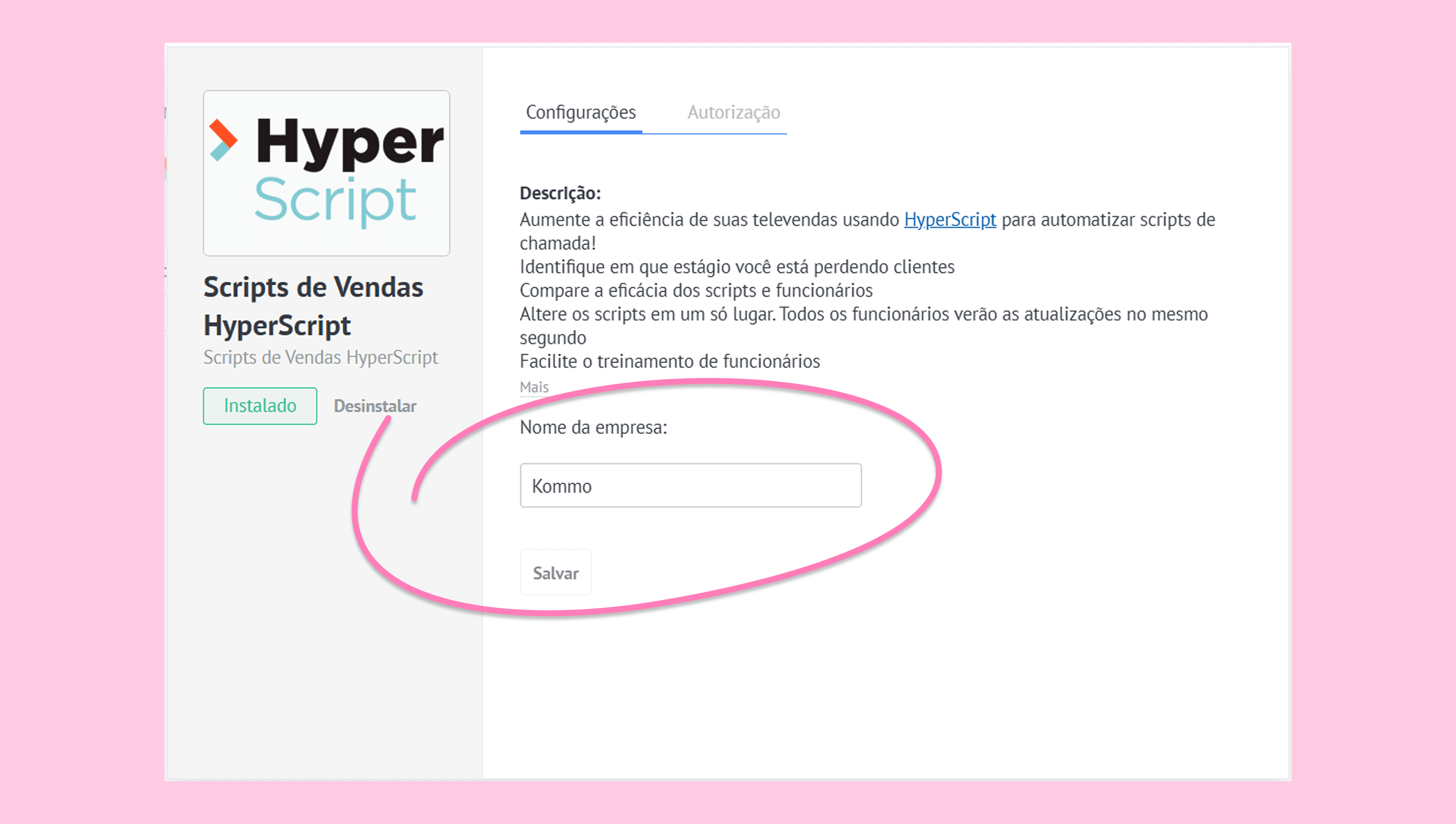 Settings page for HyperScript with company name input field highlighted.