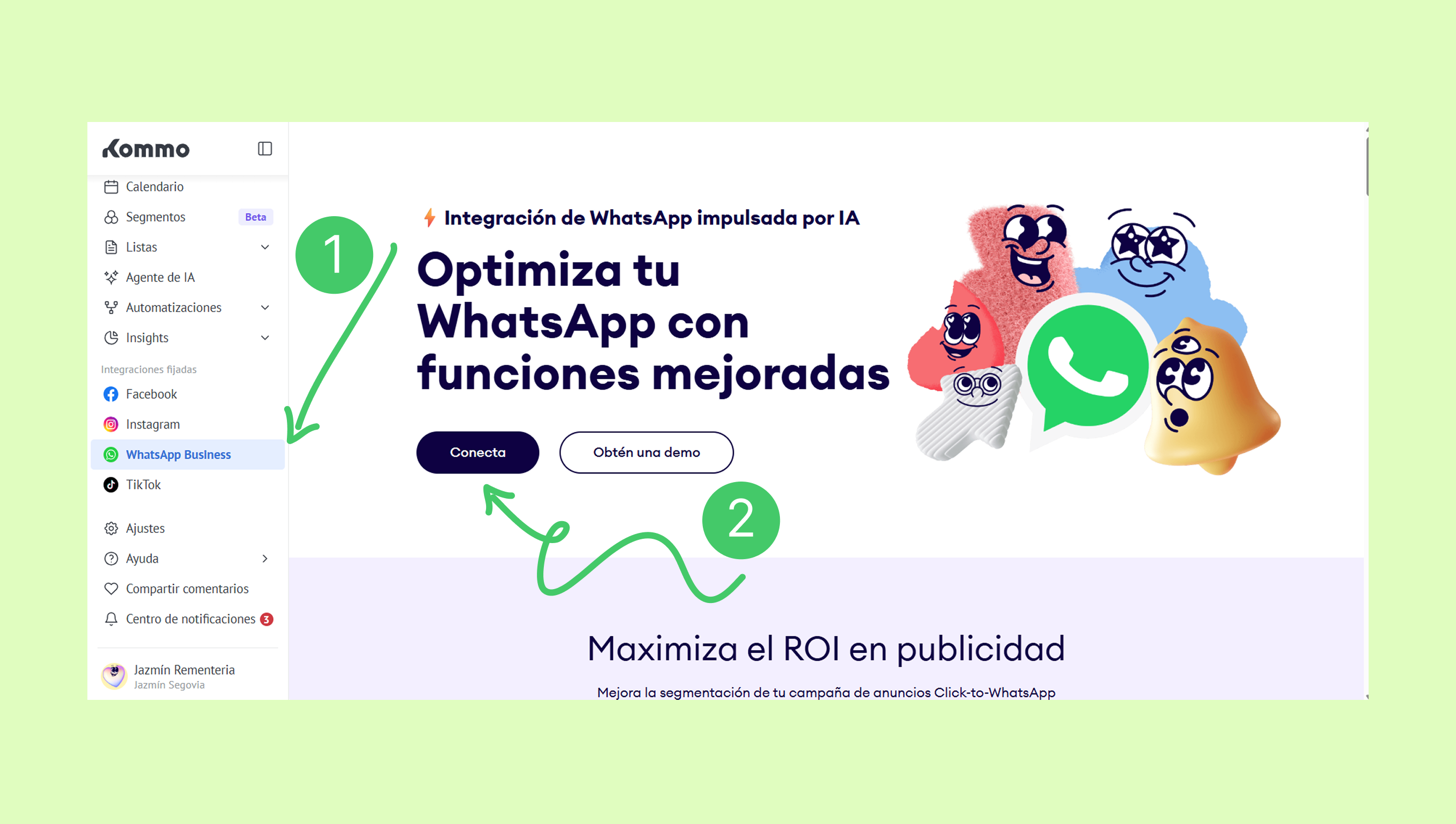 Instructions for optimizing WhatsApp Business with highlighted connection button and features.
