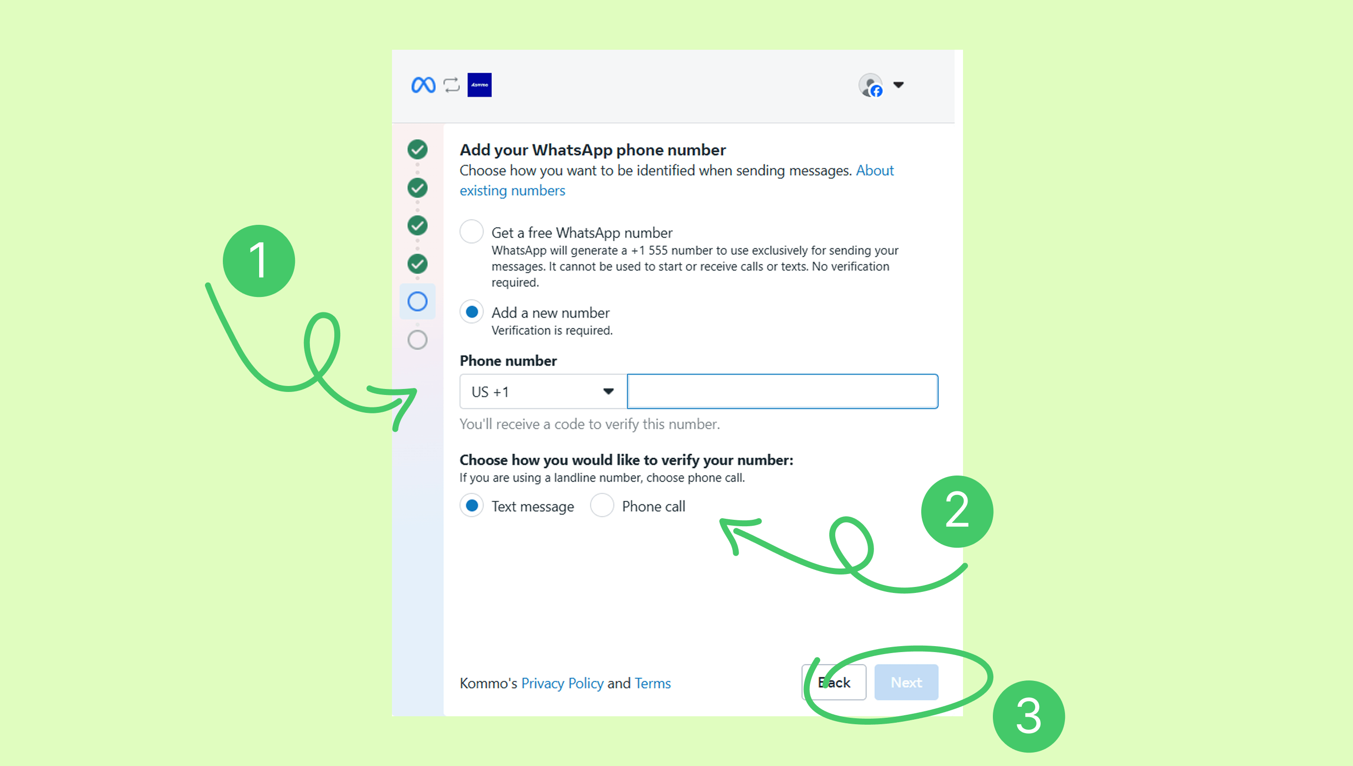 Instructions for adding a WhatsApp phone number and verifying it via text or call.