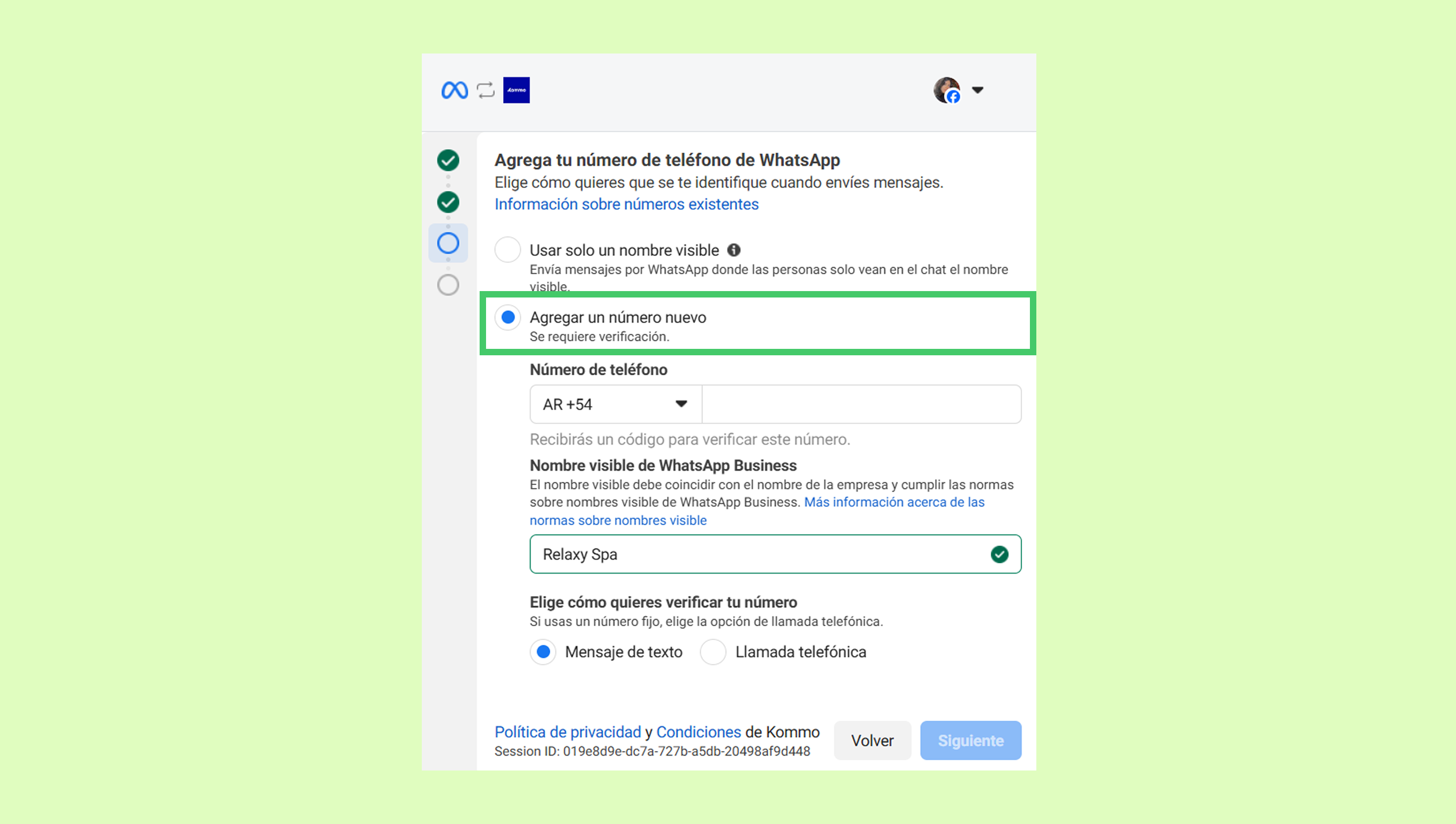 Instructions for adding a new WhatsApp phone number with verification steps.