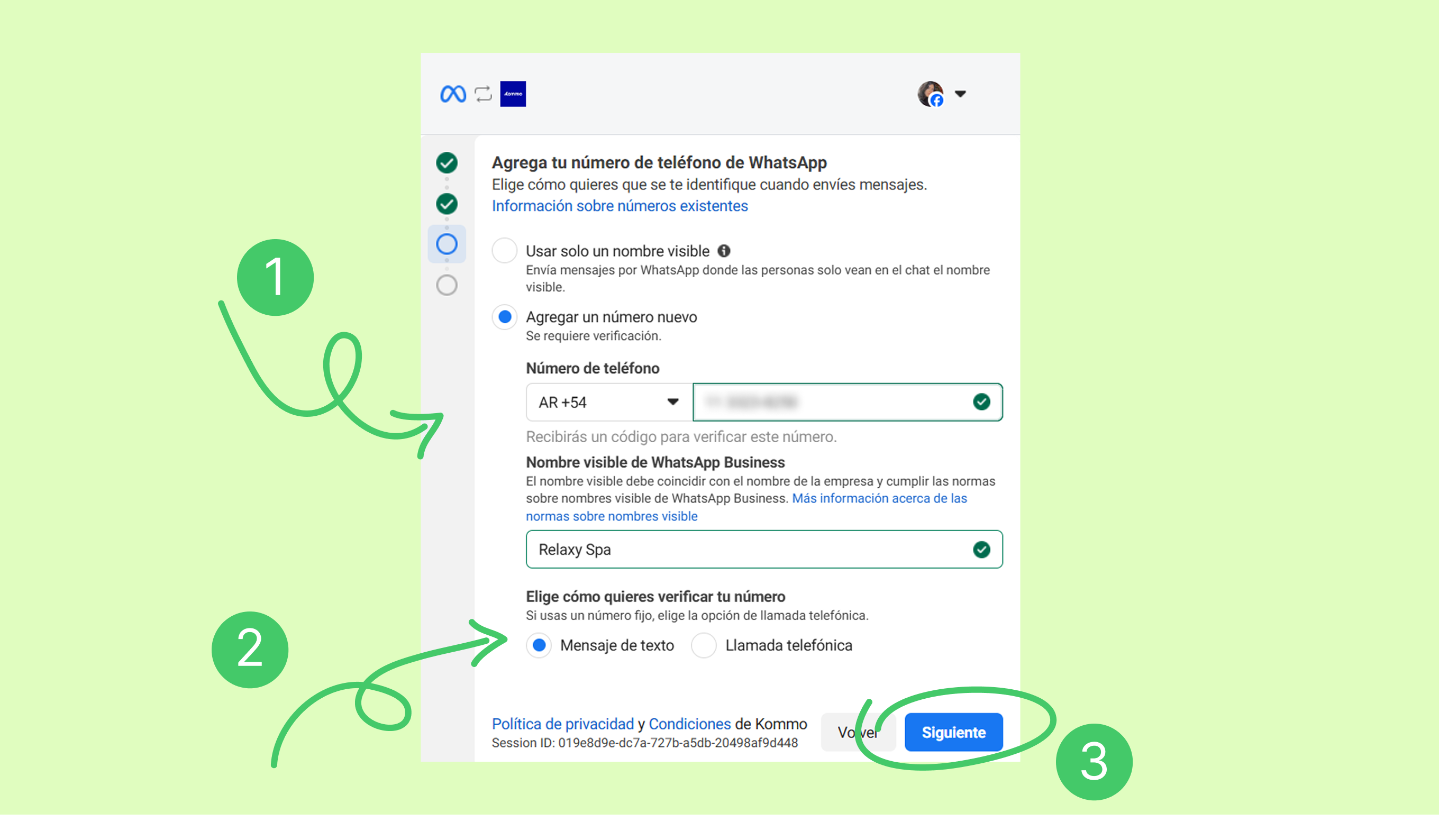 Instructions for adding a WhatsApp number with verification options and a next button.