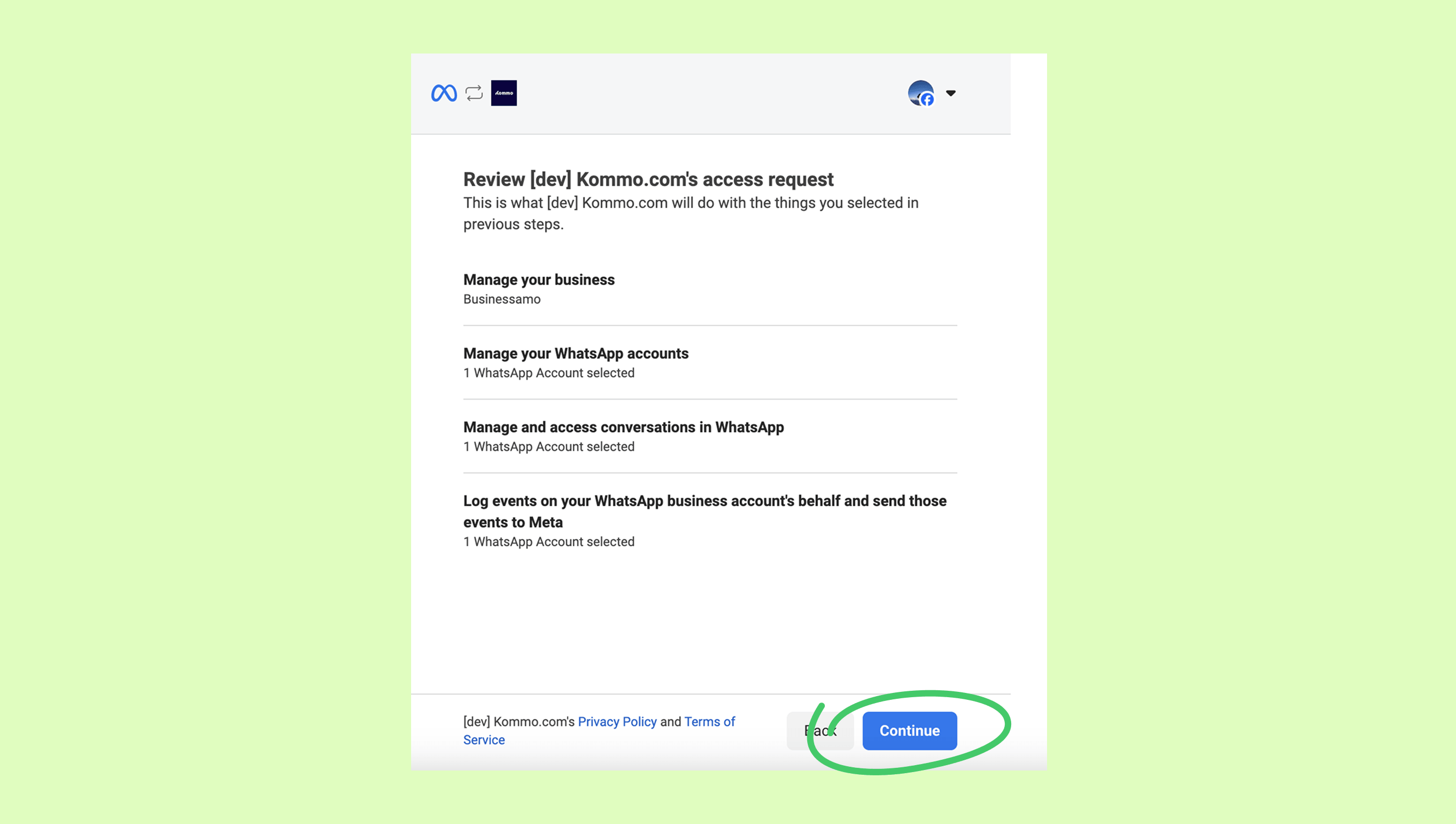 Reviewing access request for Kommo.com with highlighted options and a continue button.