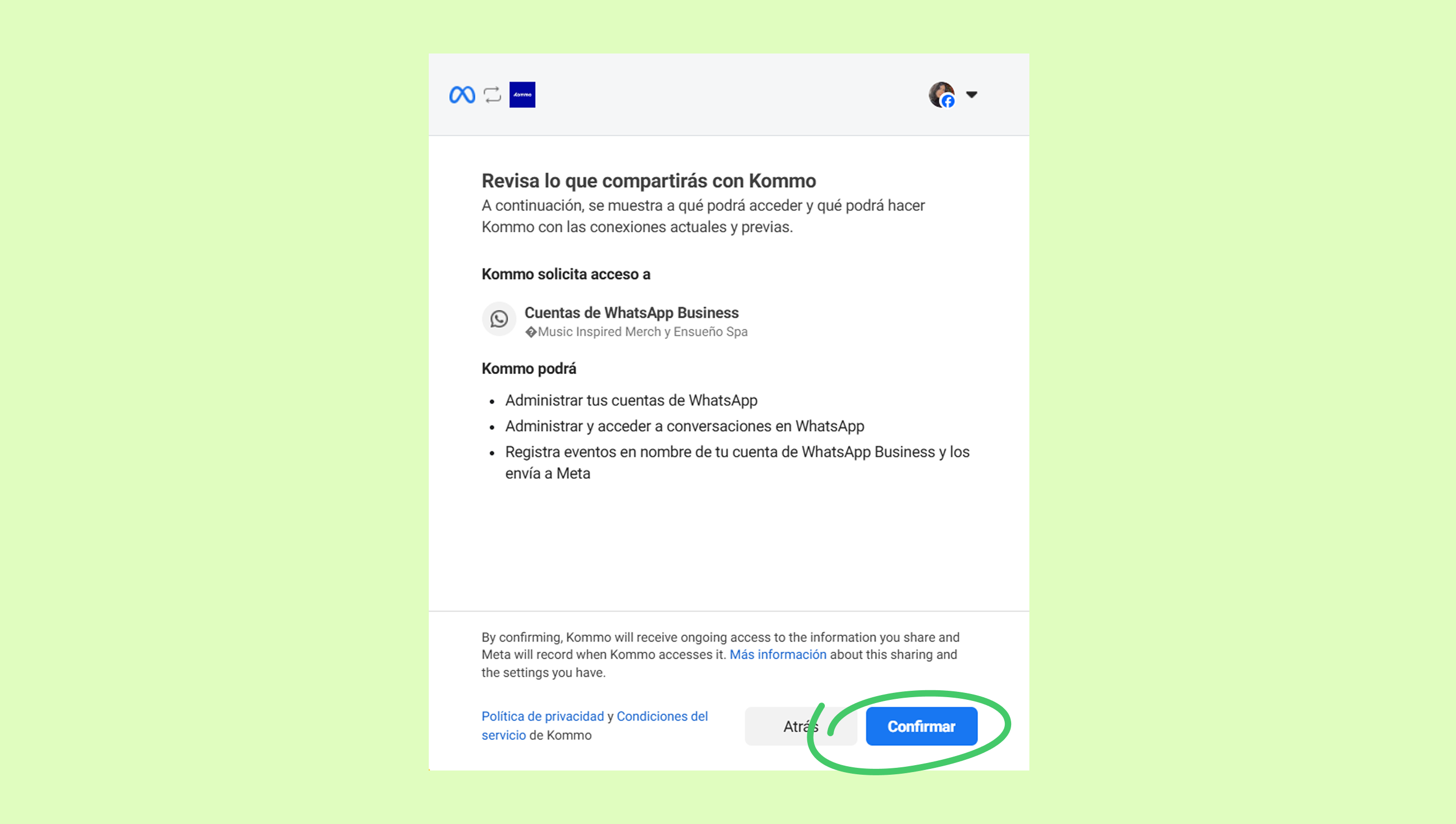 Confirmation screen for sharing WhatsApp Business account access with Kommo.