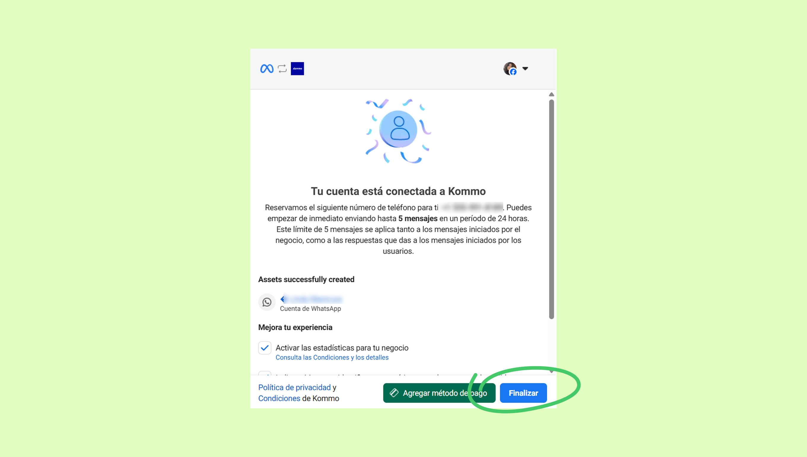 Account successfully connected to Kommo with options to finalize or add payment method.