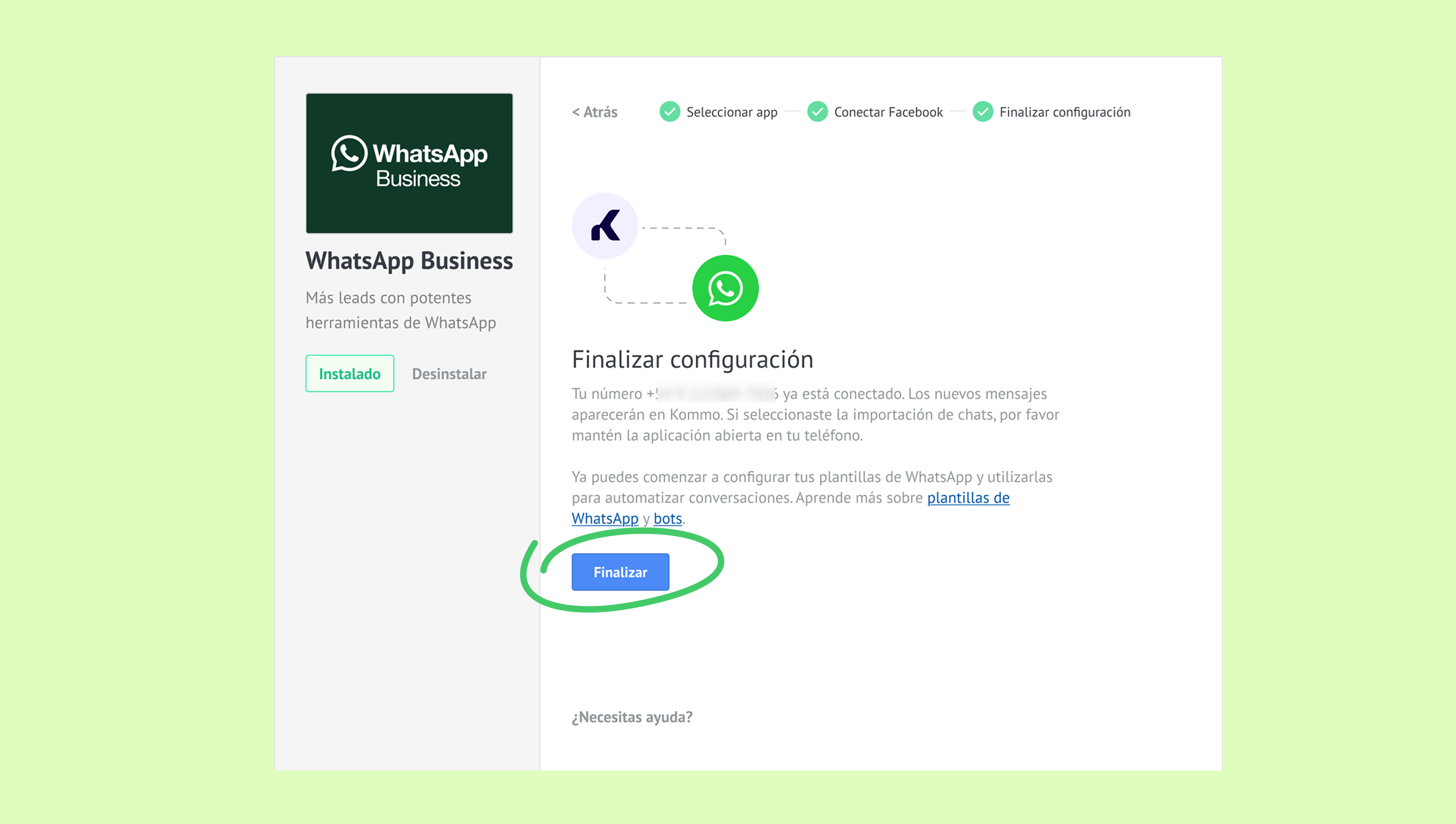 WhatsApp Business setup screen with highlighted finalization button and connection status.
