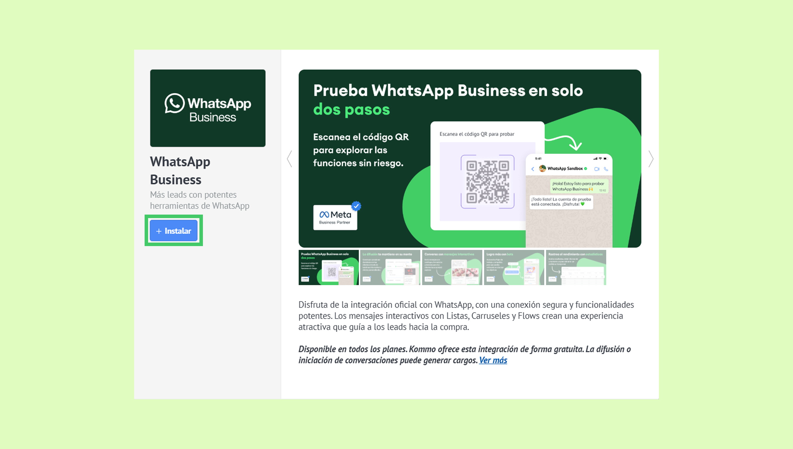 Explore WhatsApp Business features by scanning the QR code for easy integration.