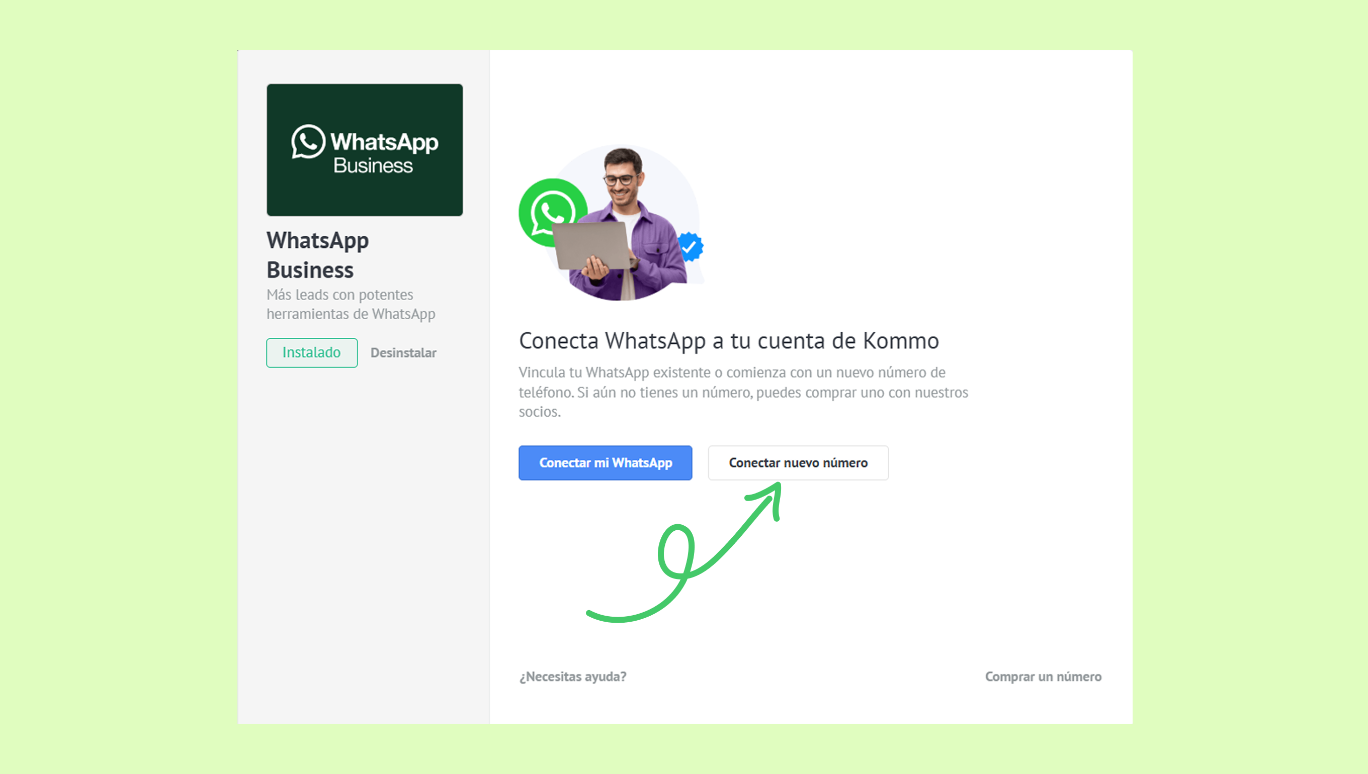 Connecting WhatsApp to Kommo account with highlighted button for new number.