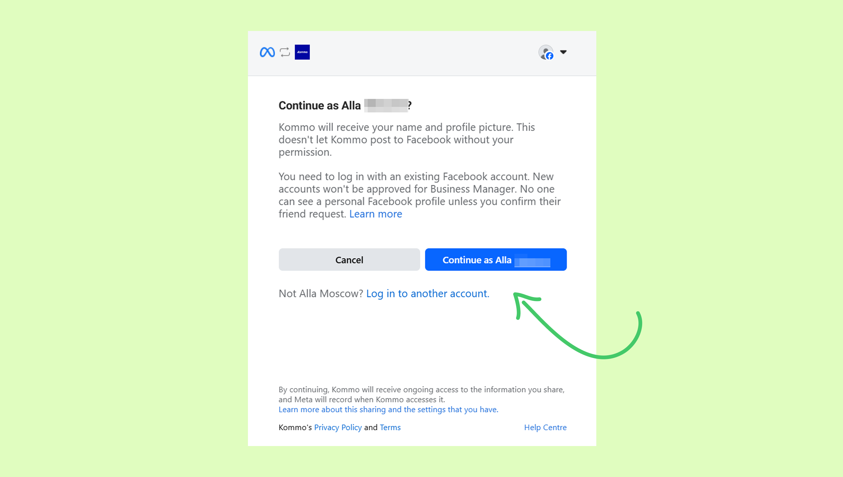 Prompt to continue using Facebook account for Kommo access and permissions.