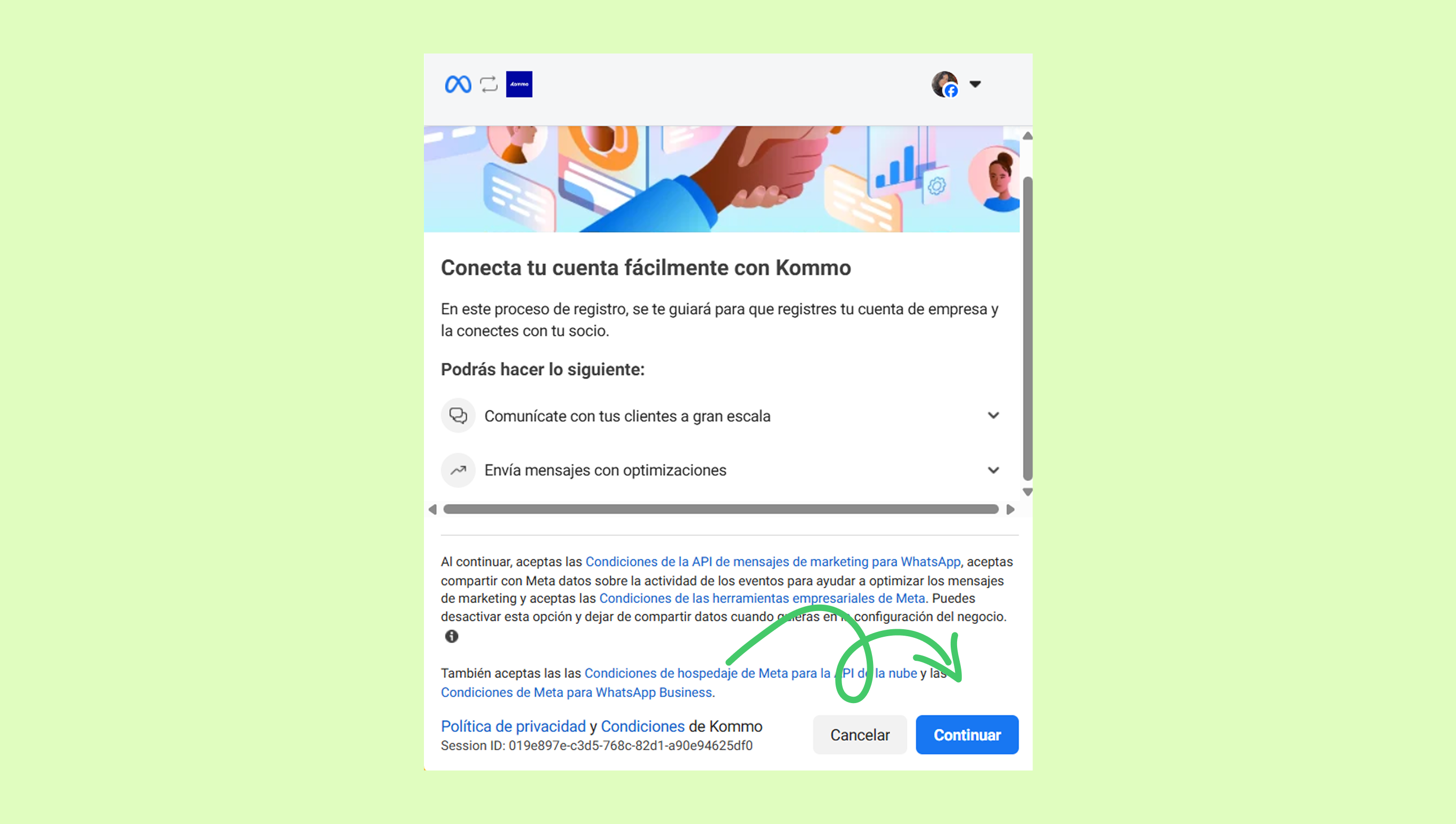User interface for connecting a Kommo account with highlighted continue button.