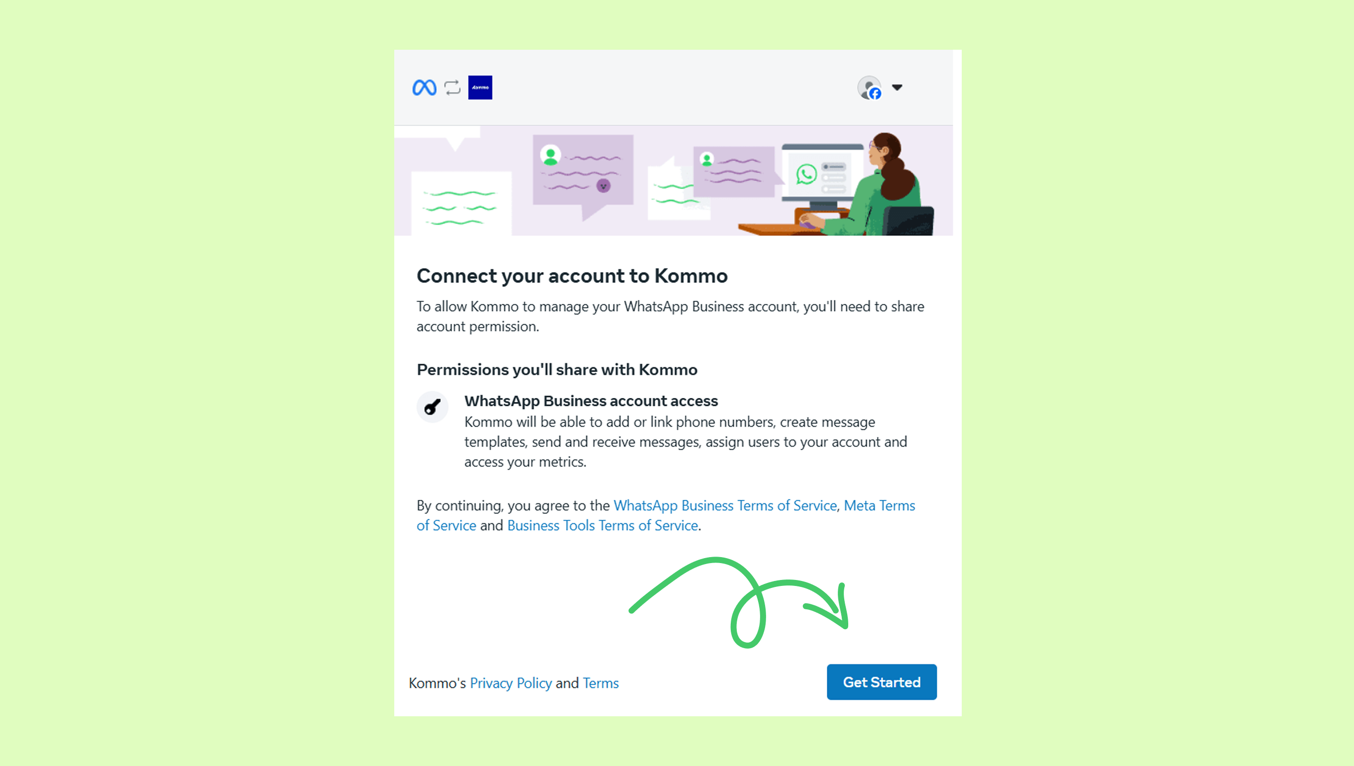 Instructions to connect WhatsApp Business account with Kommo for account permissions.