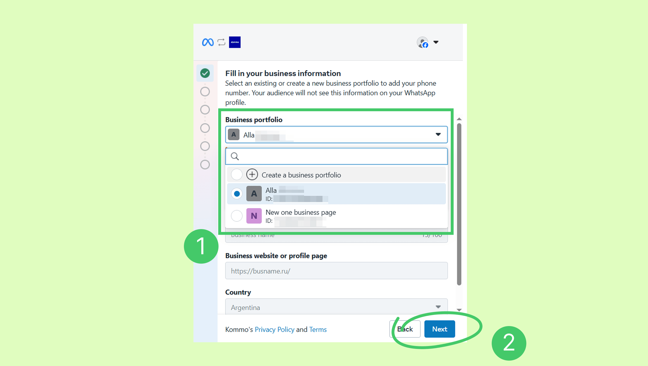 User interface for filling business information, including portfolio selection and navigation buttons.