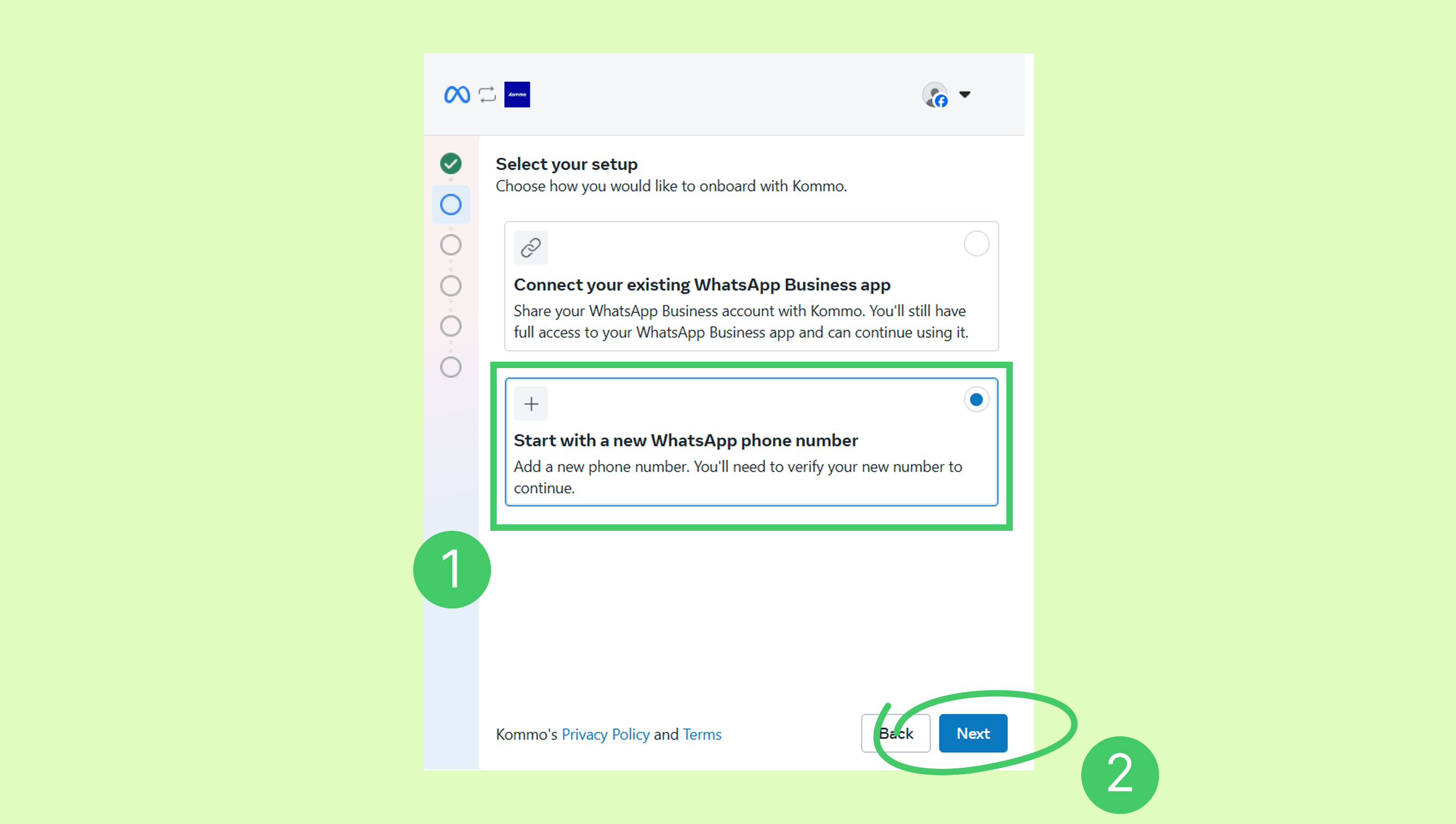 Instructions for setting up WhatsApp Business with options to connect or start anew.