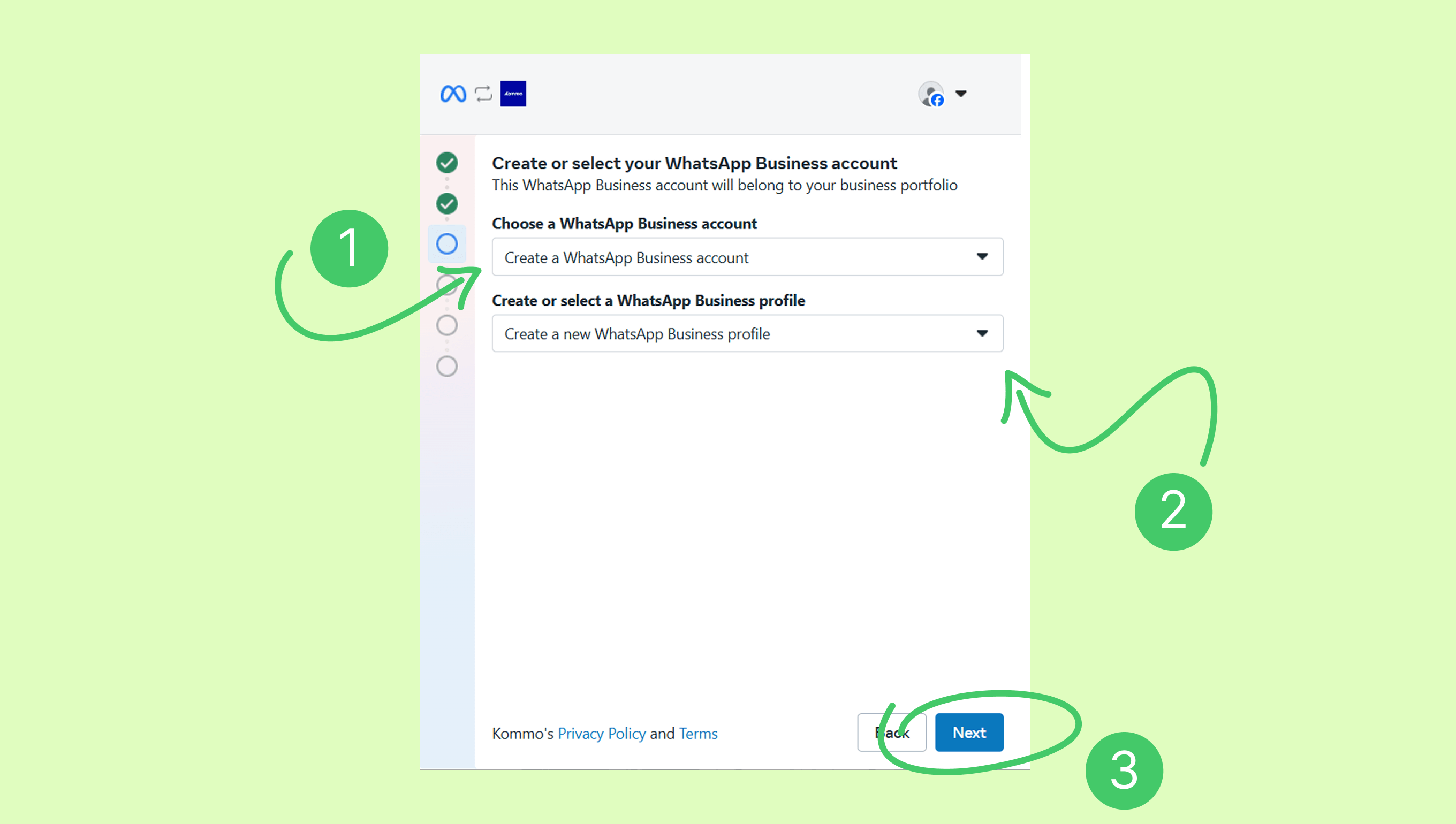 Instructions for creating a WhatsApp Business account and profile with navigation steps.