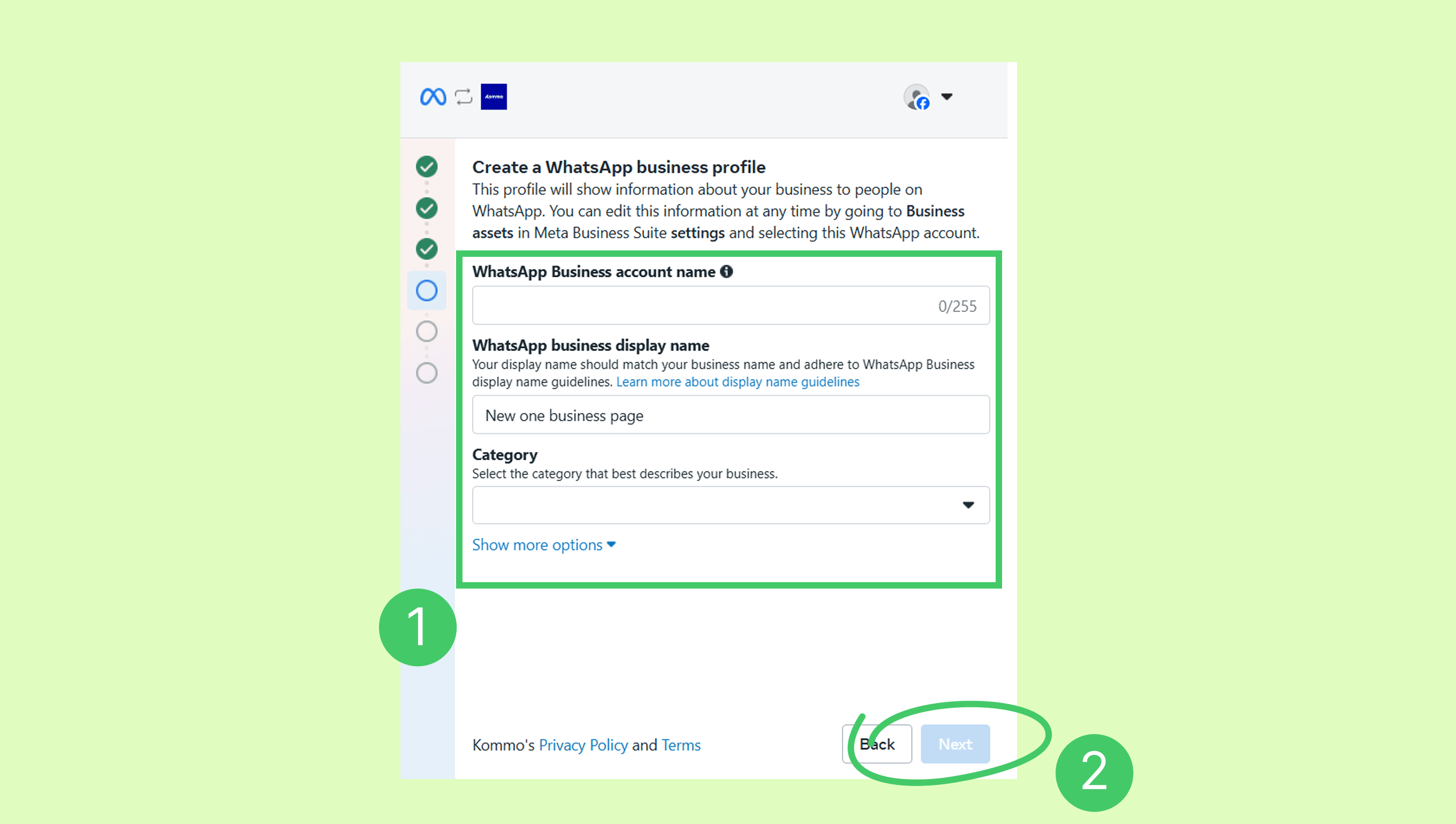 Creating a WhatsApp business profile with account name, display name, and category options.