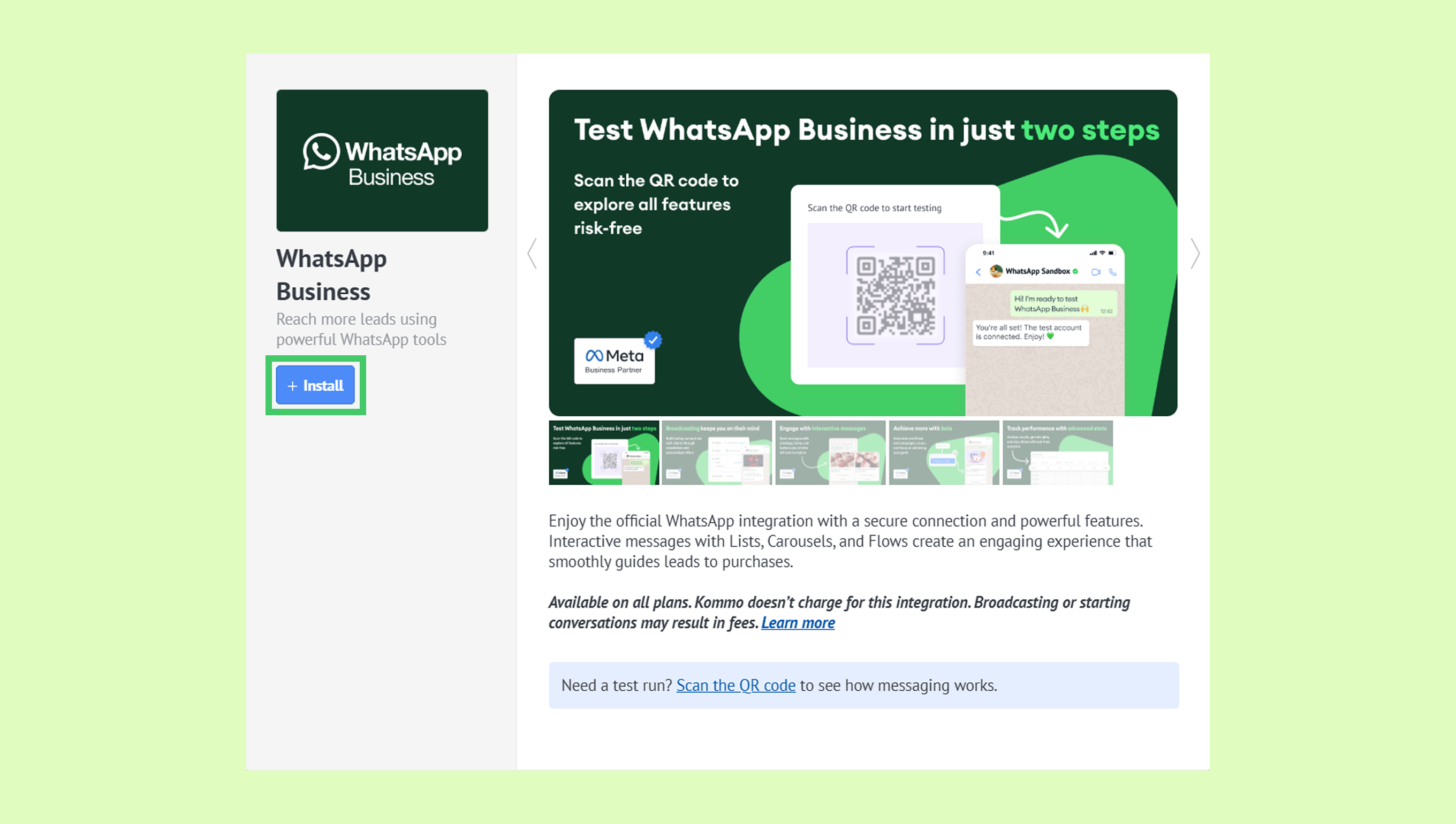 Install WhatsApp Business and scan the QR code to explore features easily.