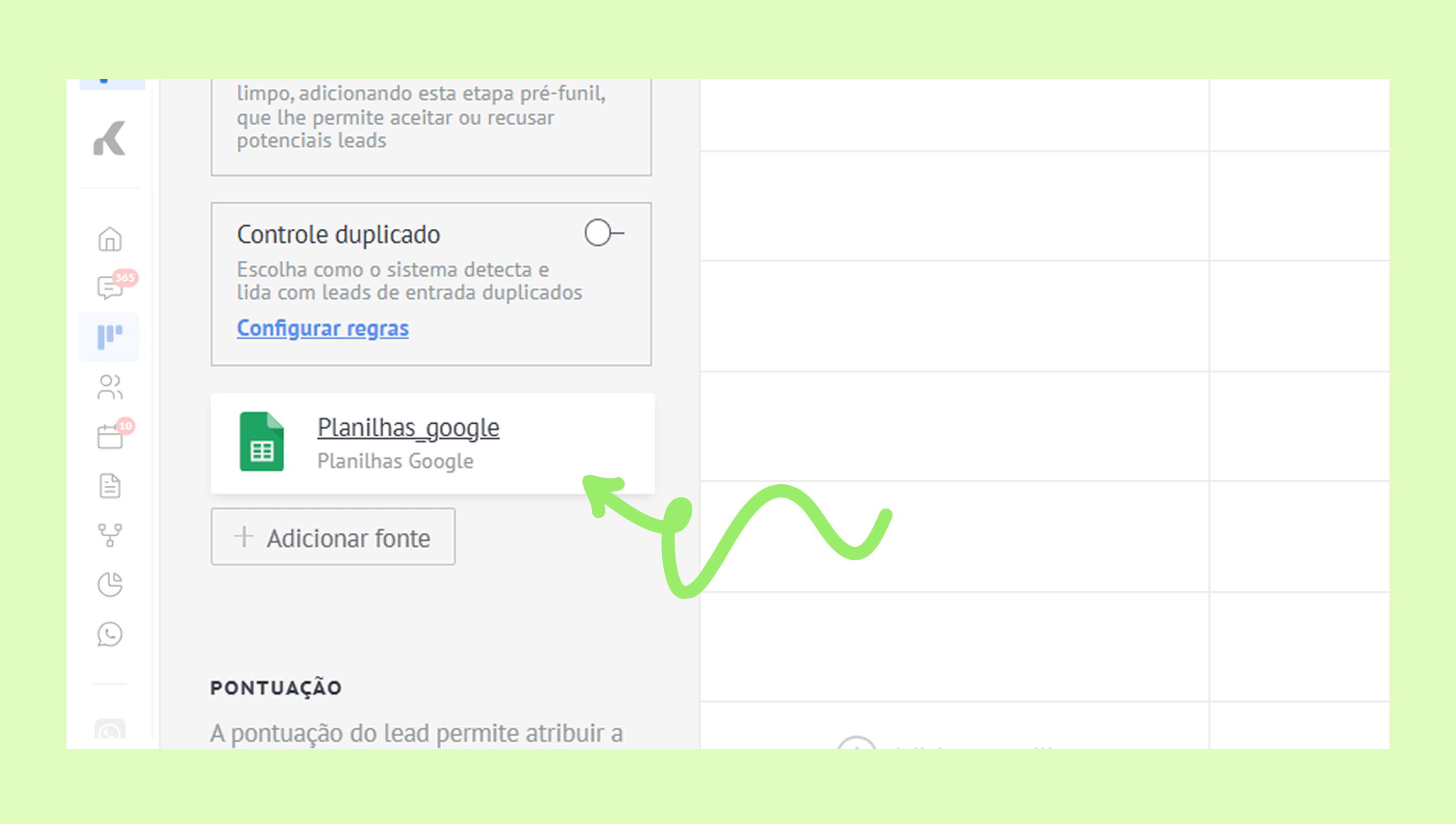 Interface showing Google Sheets integration with lead scoring and duplicate control options.