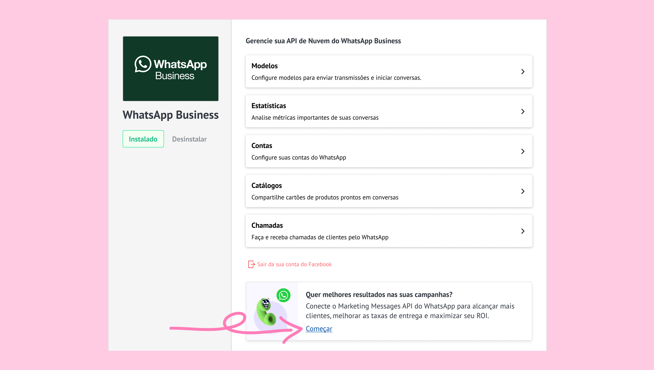 WhatsApp Business interface showing options for managing API and marketing messages.
