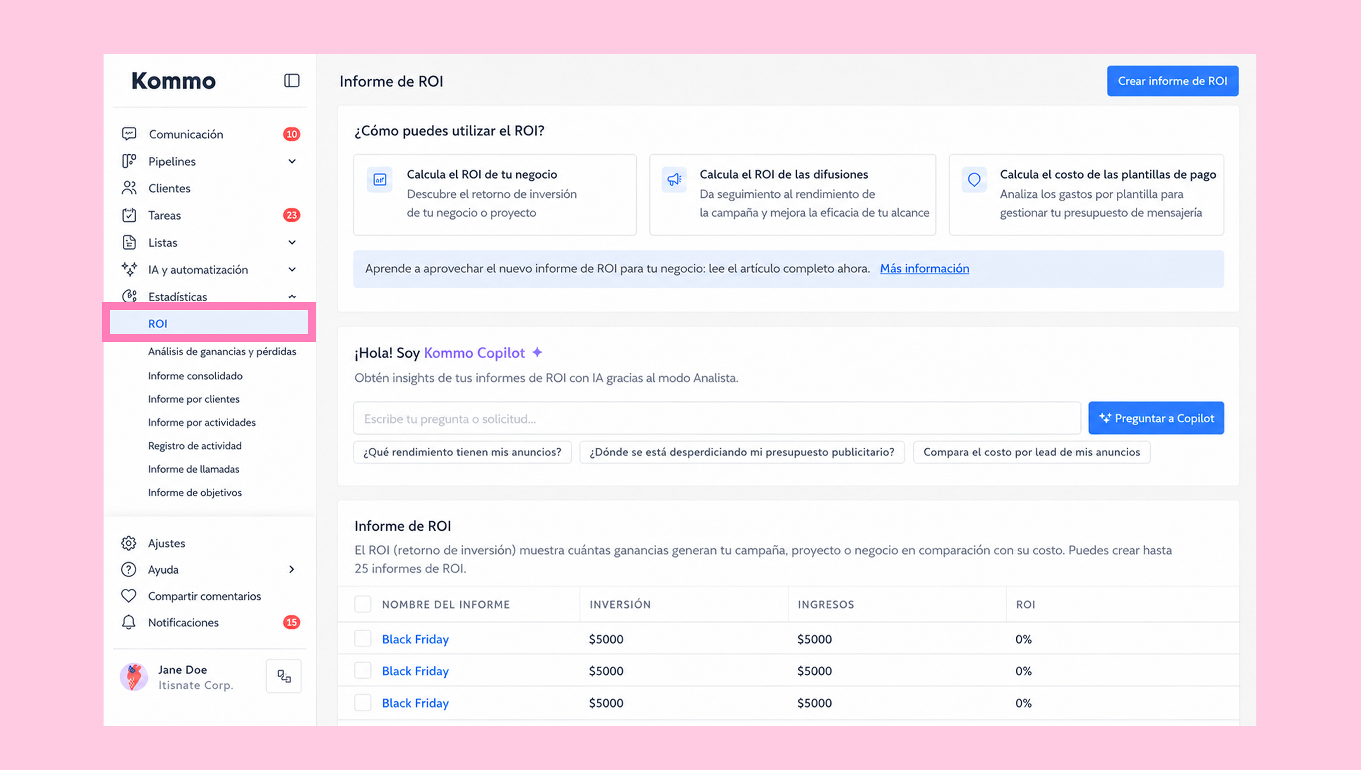 Kommo interface displaying ROI report options and insights for business analysis.